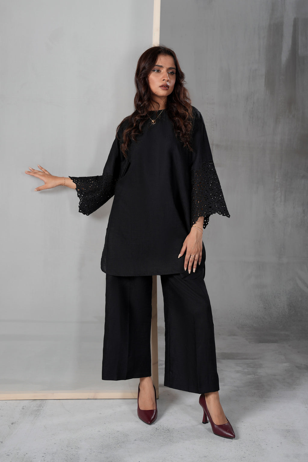 Eternal Black black cambric cotton suit by ARSHAÉ, styled view 2