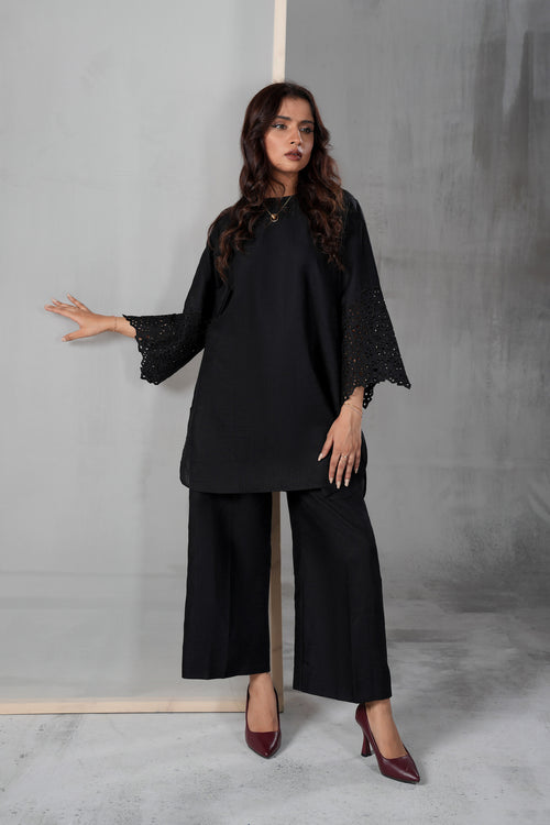 Eternal Black black cambric cotton suit by ARSHAÉ, styled view 2
