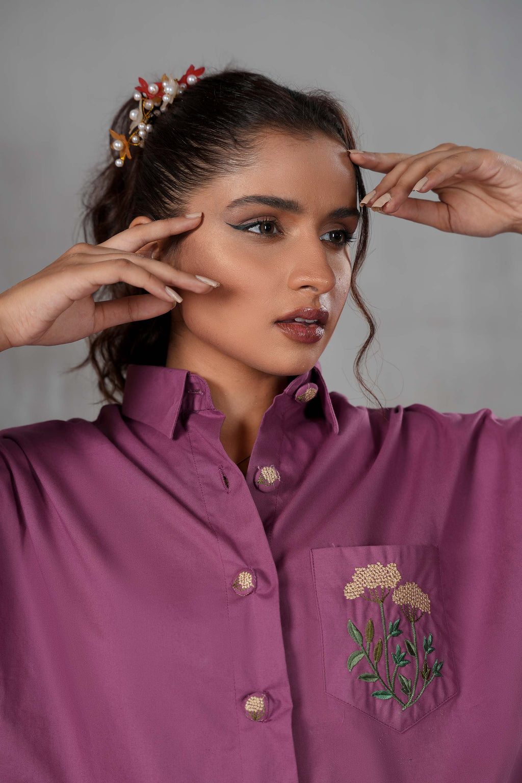 Smoky Lavender neckline and sleeve embroidery detail in lavender by ARSHAÉ