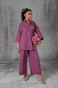 Smoky Lavender lavender embroidered two-piece suit by ARSHAÉ, front view