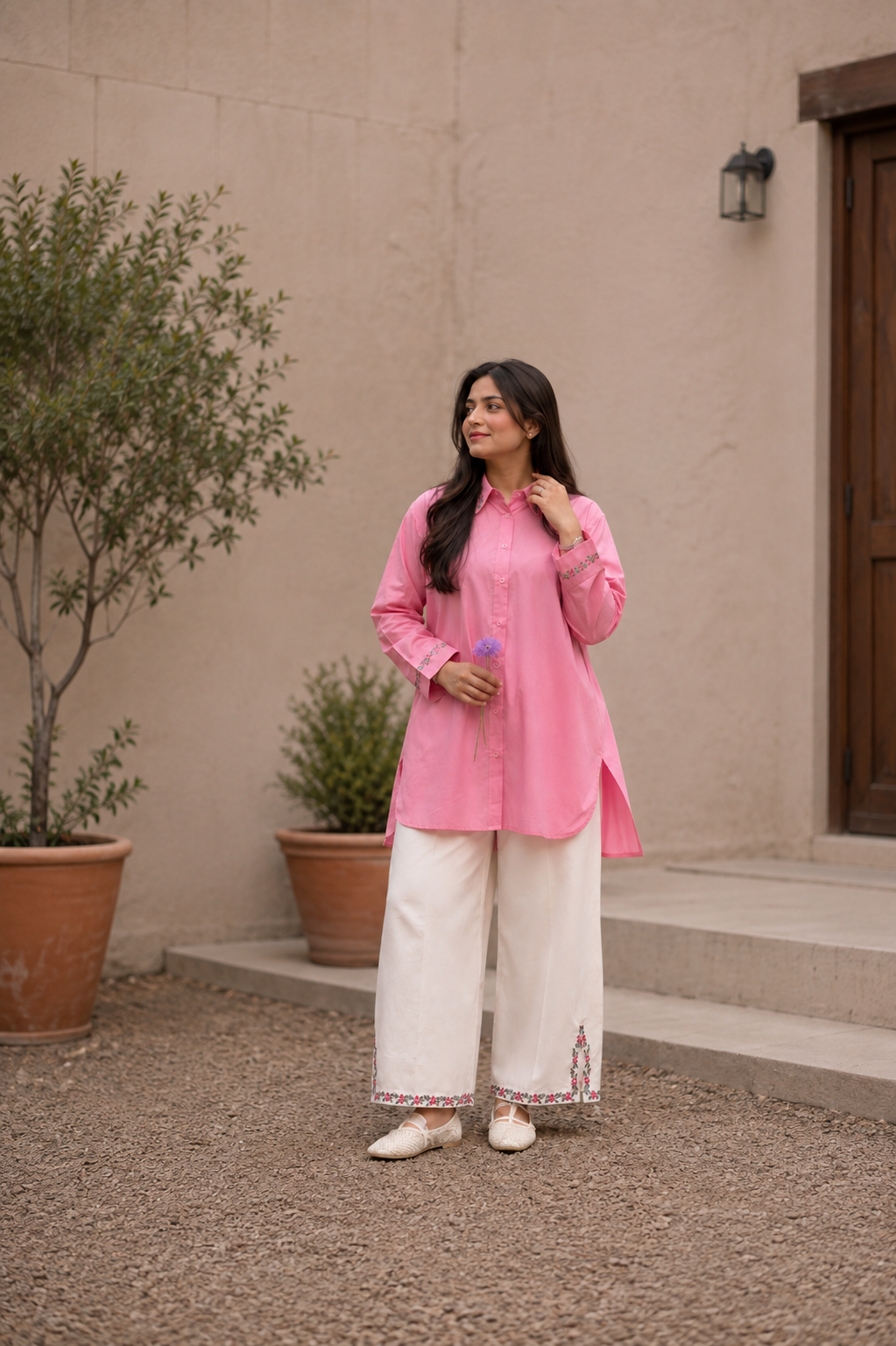 Pink Petal — Embroidered Shirt & Trouser Set