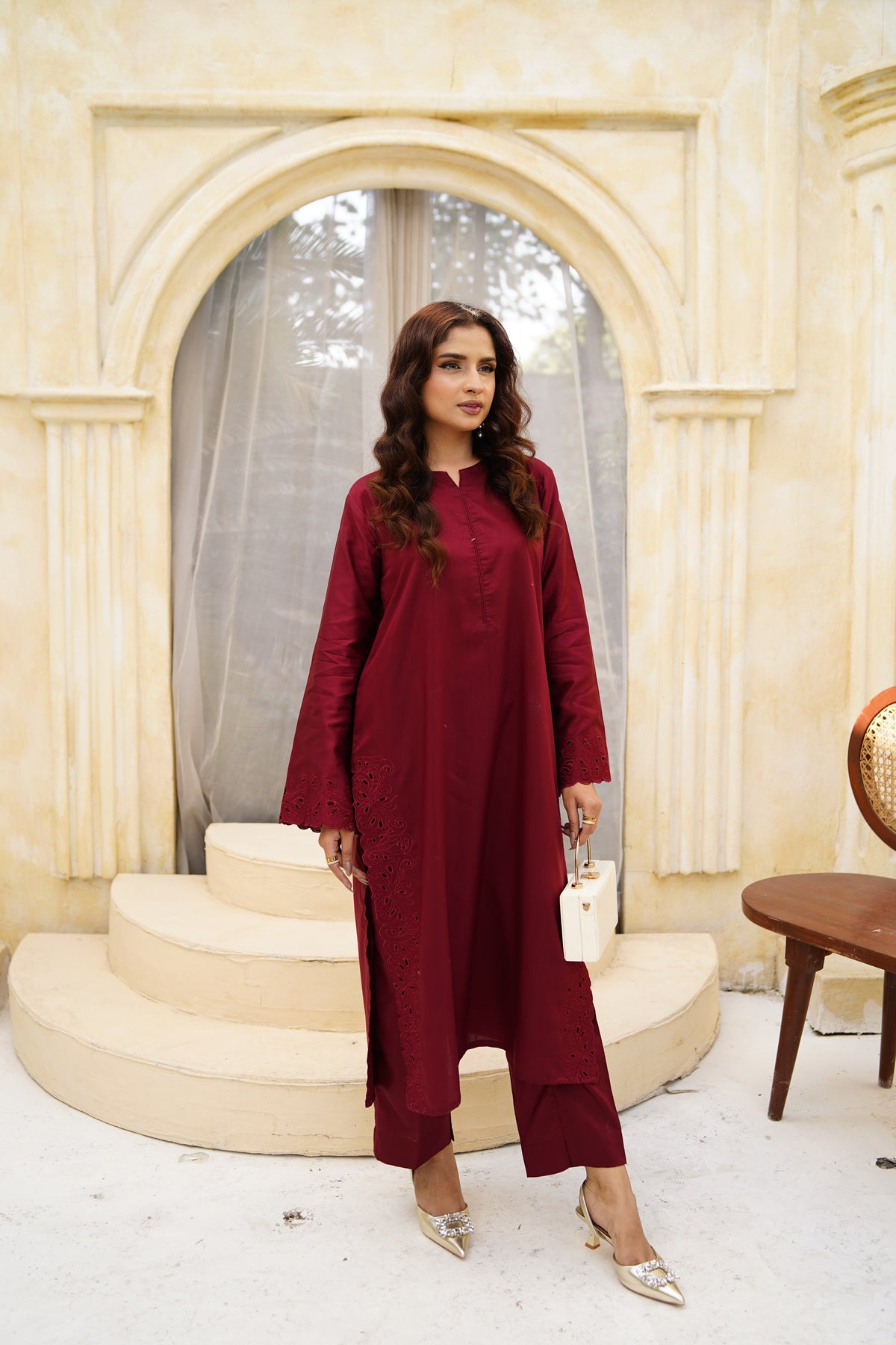 Crimson Dusk deep maroon silk-blend suit by ARSHAÉ, styled view 2