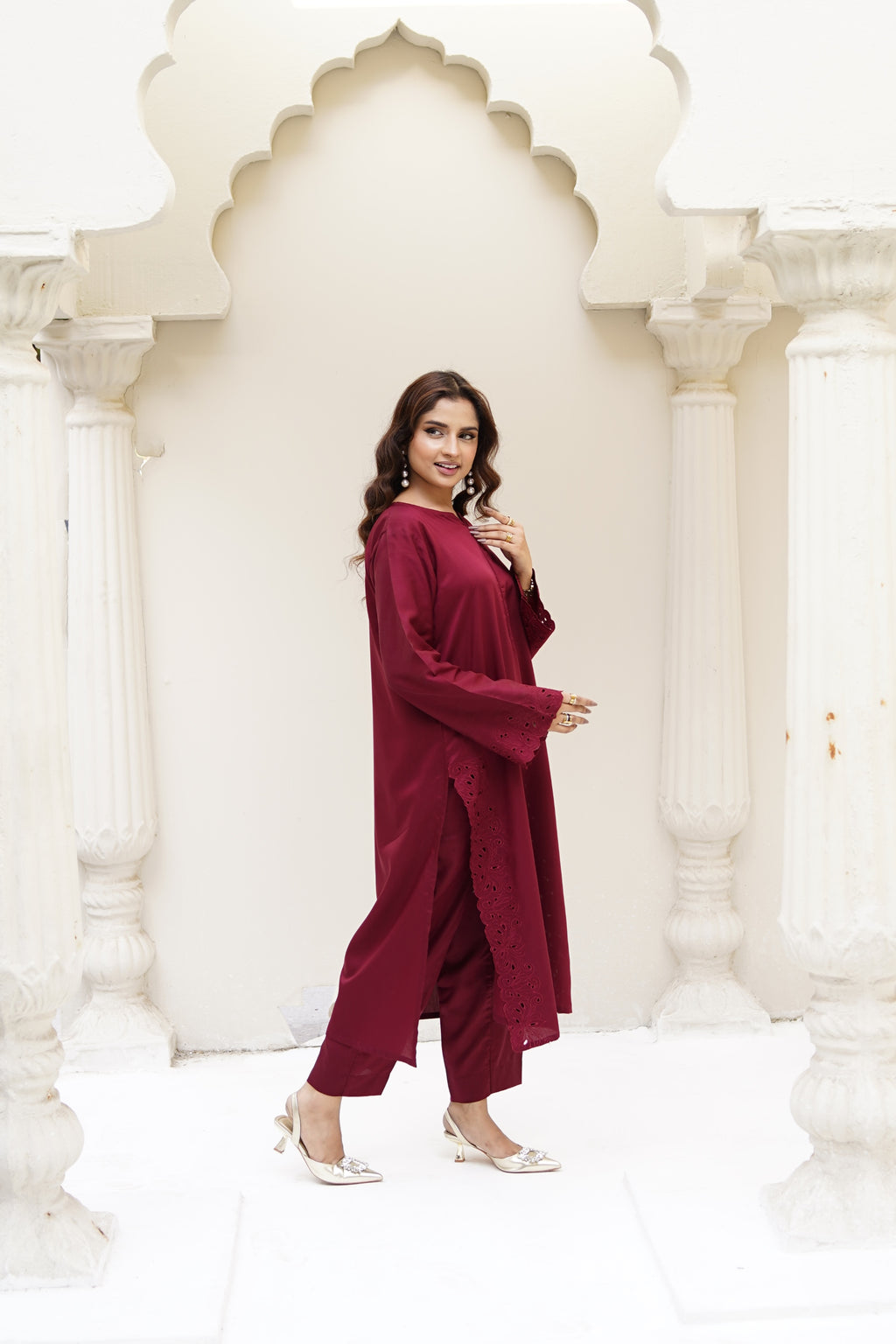 Crimson Dusk maroon silk-blend embroidery and neckline detail by ARSHAÉ