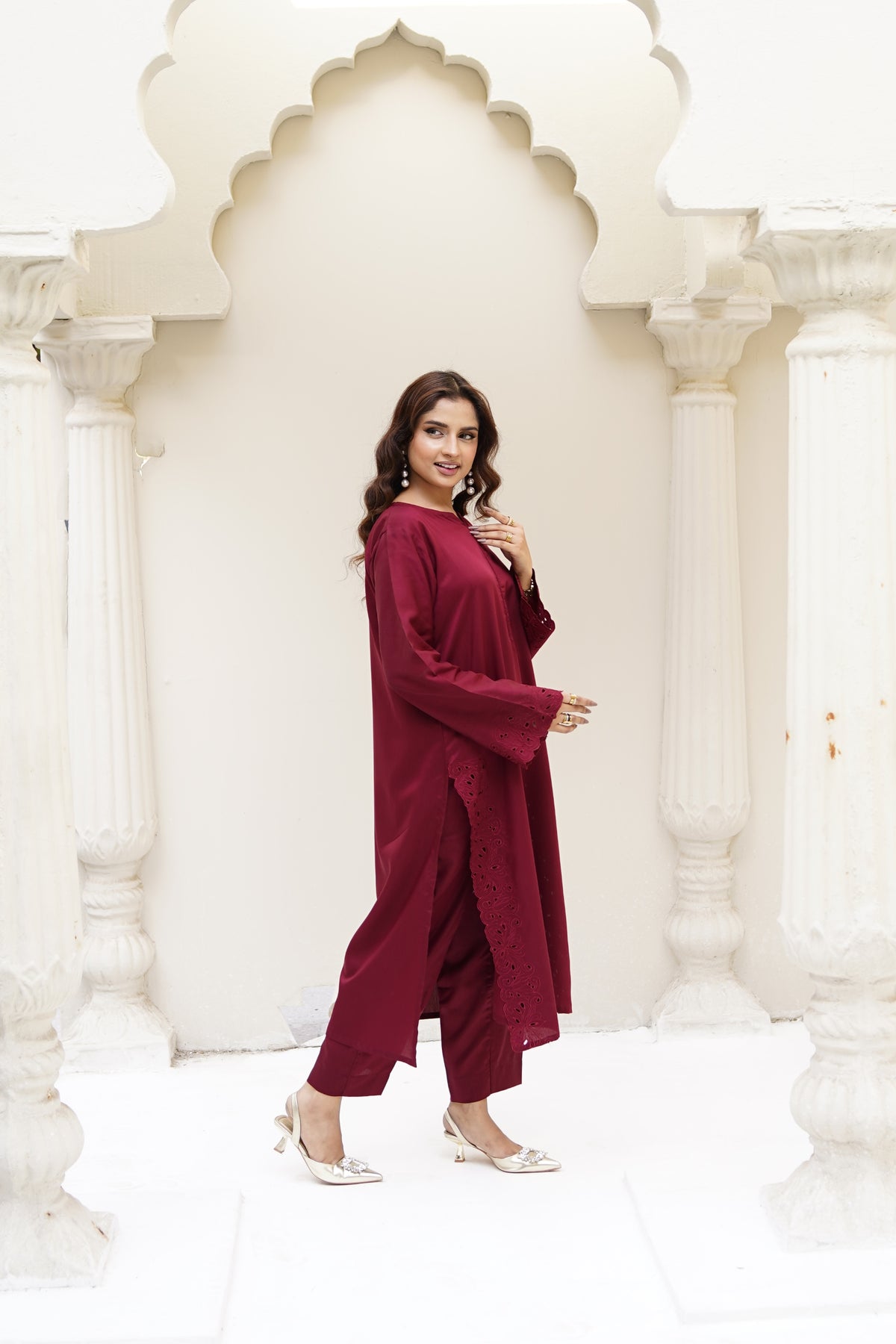 Crimson Dusk maroon silk-blend embroidery and neckline detail by ARSHAÉ