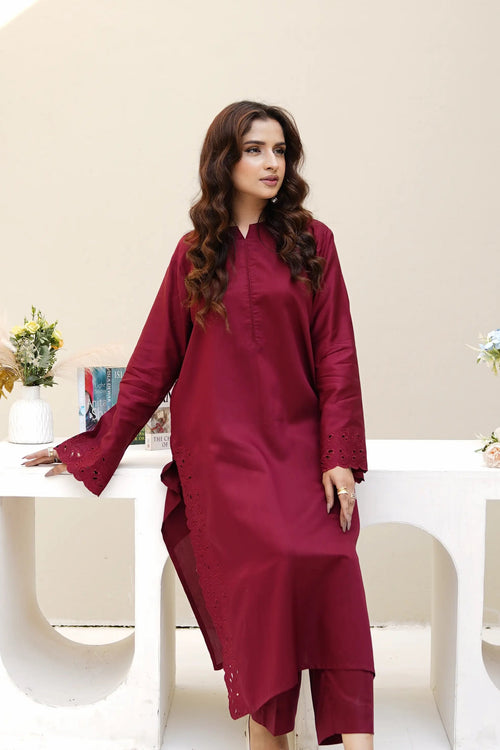 Crimson Dusk deep maroon silk-blend embroidered three-piece suit by ARSHAÉ, front view