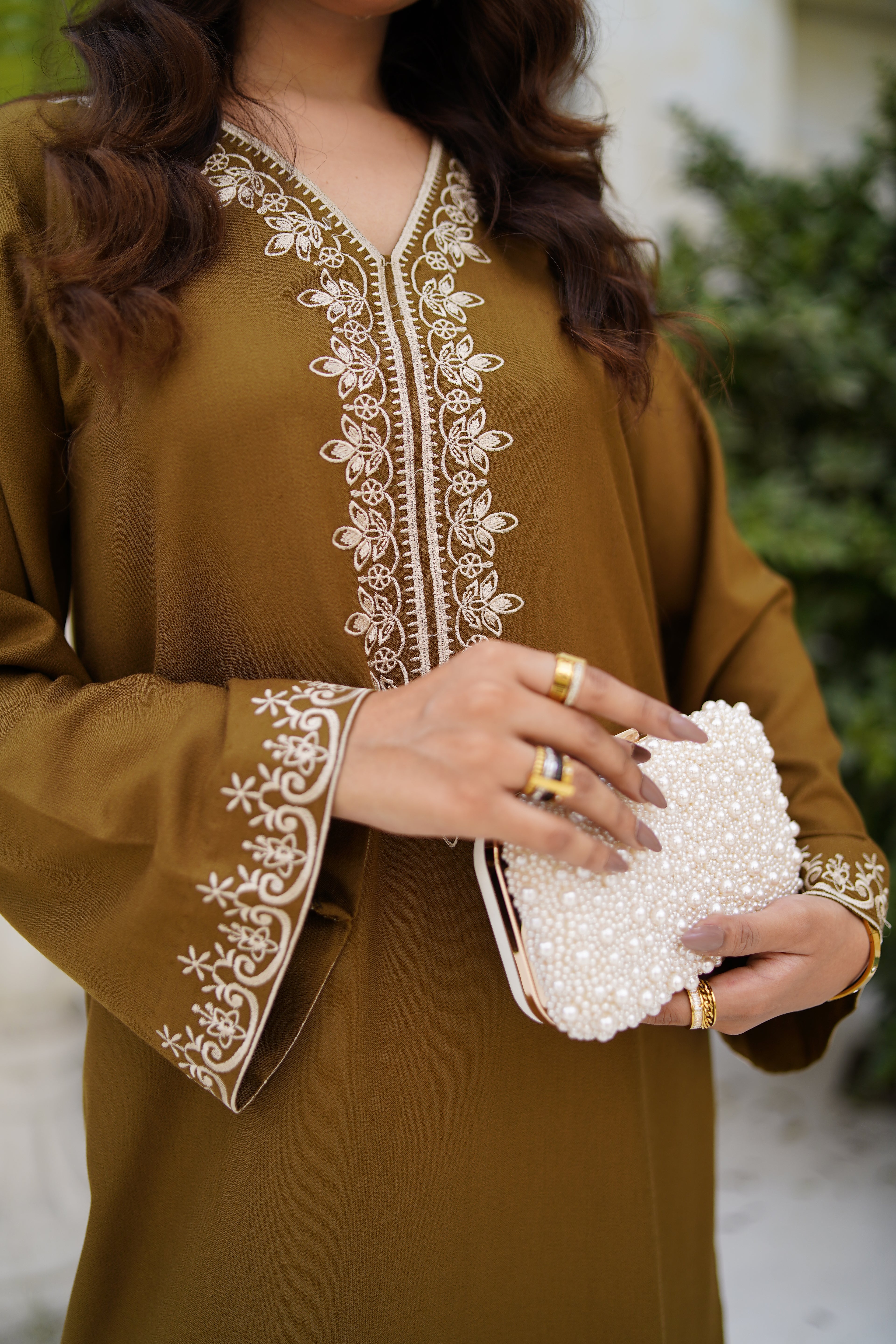 Mustard Olive mustard brown neckline and embroidery detail by ARSHAÉ