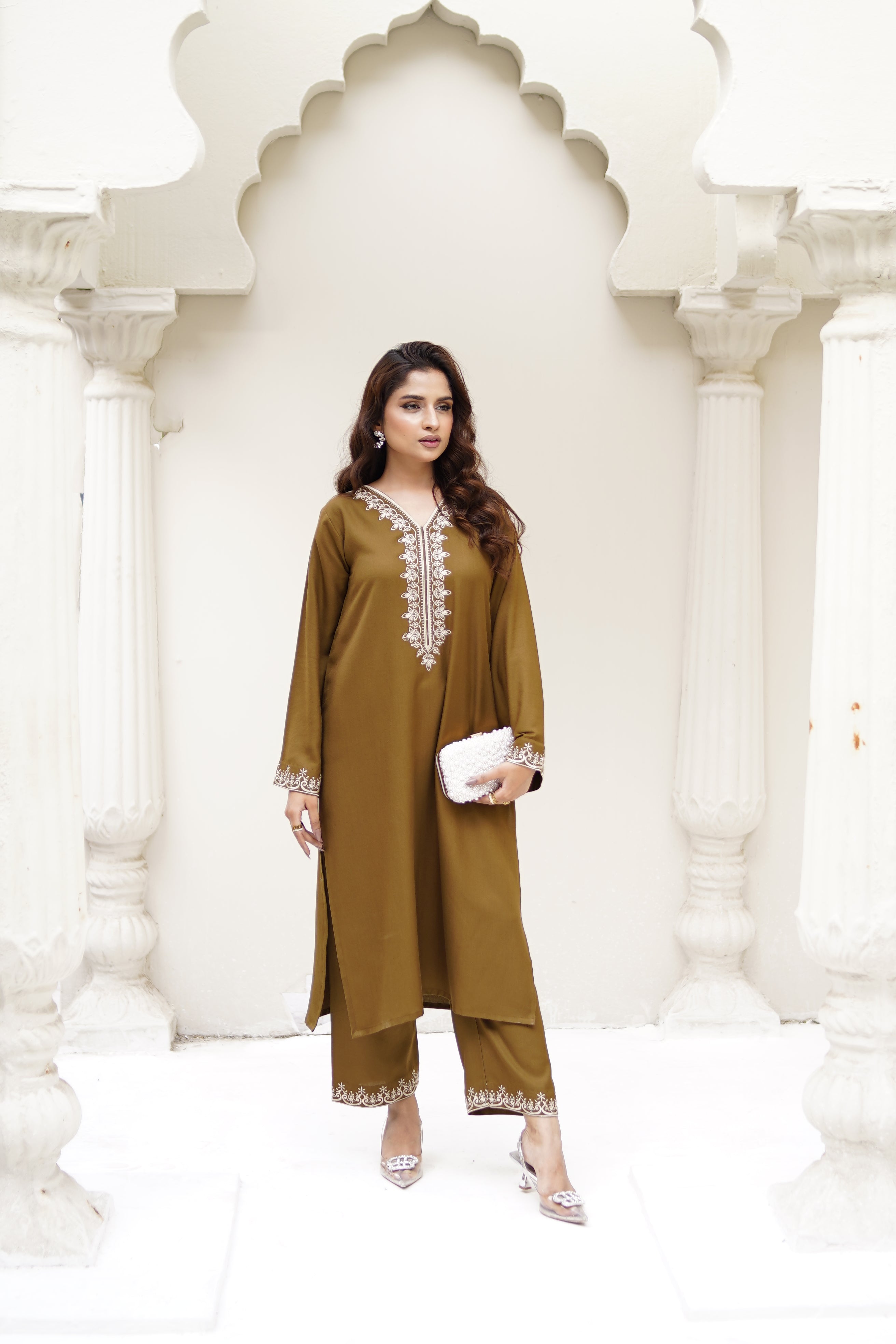 Mustard Olive mustard brown Dhanak Marina three-piece suit by ARSHAÉ, front view