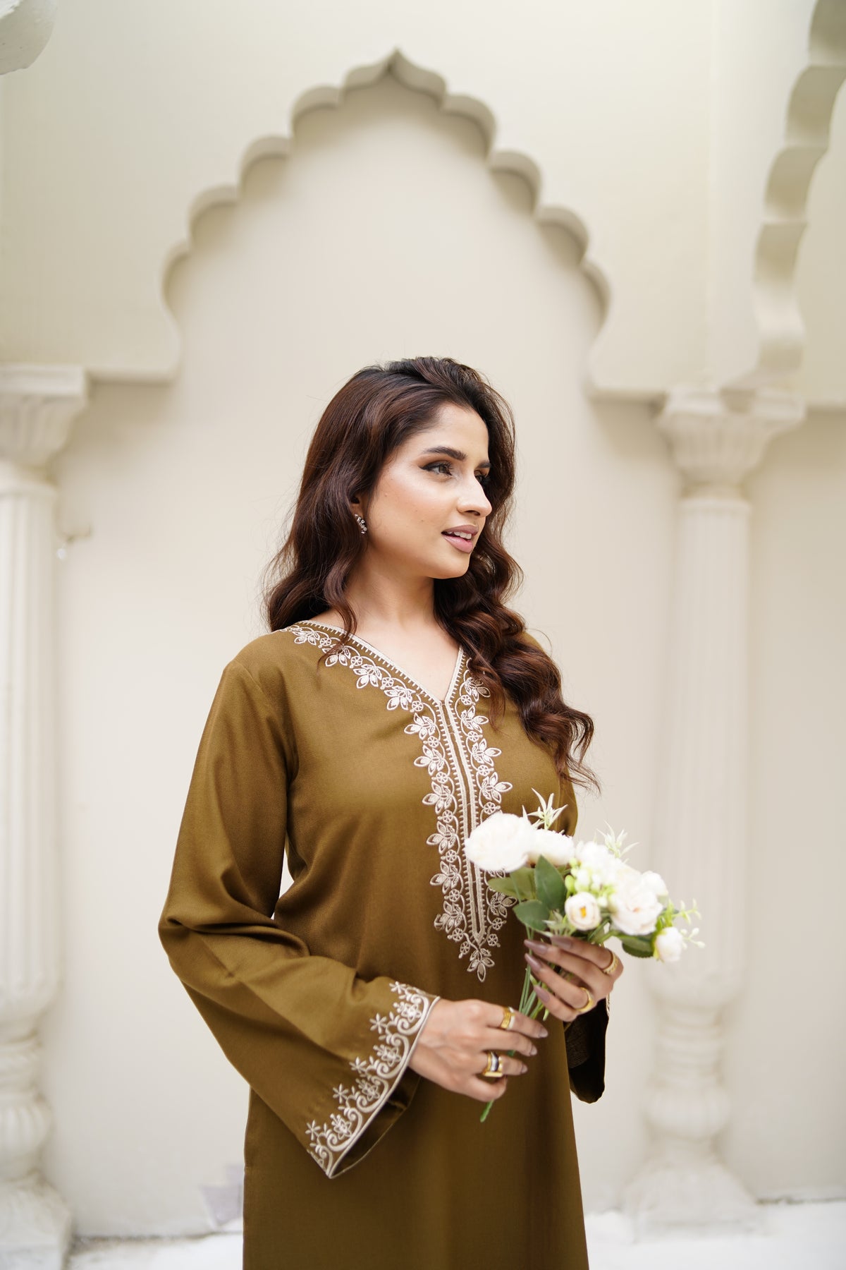 Mustard Olive mustard brown Dhanak Marina suit by ARSHAÉ, styled view 2