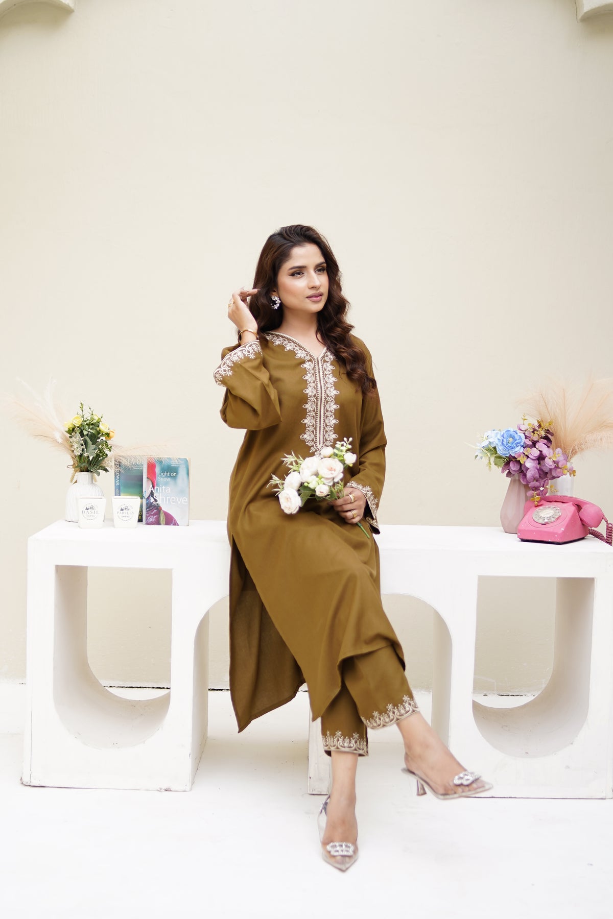 Mustard Olive mustard brown Dhanak Marina suit by ARSHAÉ, styled view 3