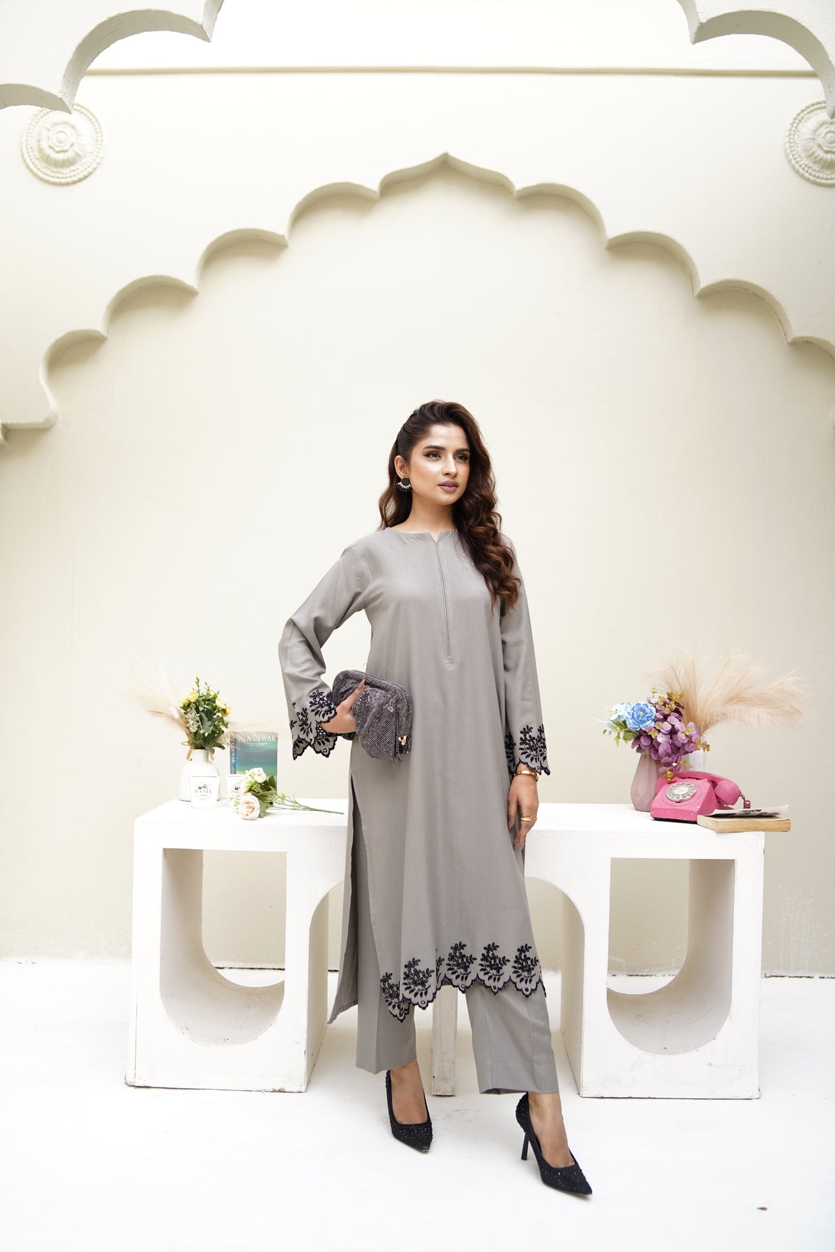 Grey Mirage soft grey Dhanak Marina three-piece suit by ARSHAÉ, front view