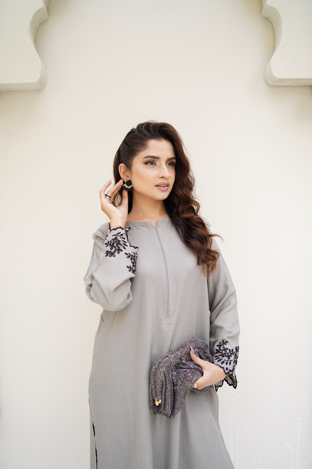 Grey Mirage grey Dhanak Marina neckline and embroidery detail by ARSHAÉ