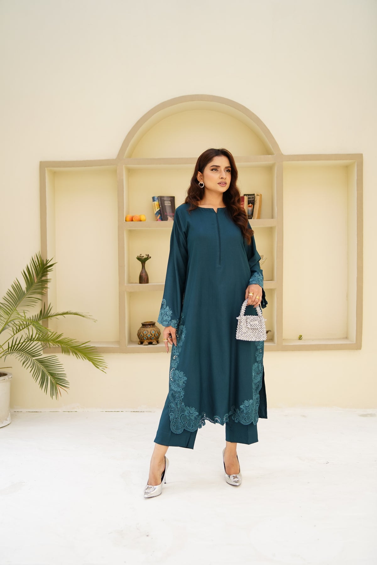 Mystic Teal teal green Dhanak Marina three-piece suit by ARSHAÉ, front view