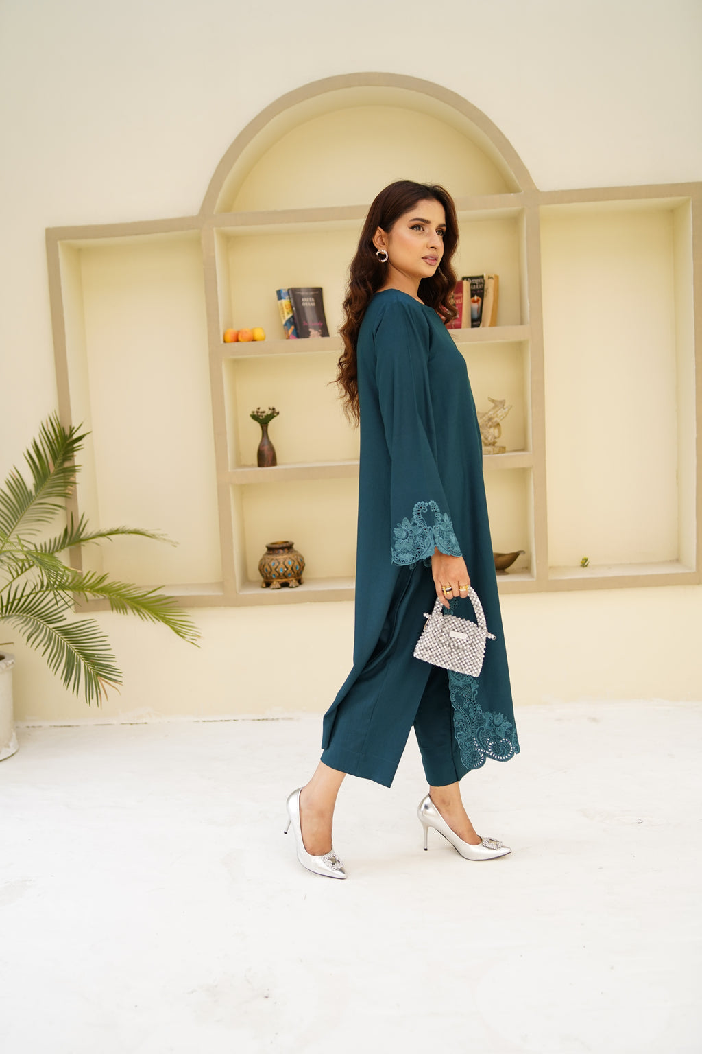 Mystic Teal teal green Dhanak Marina suit by ARSHAÉ, styled view 2