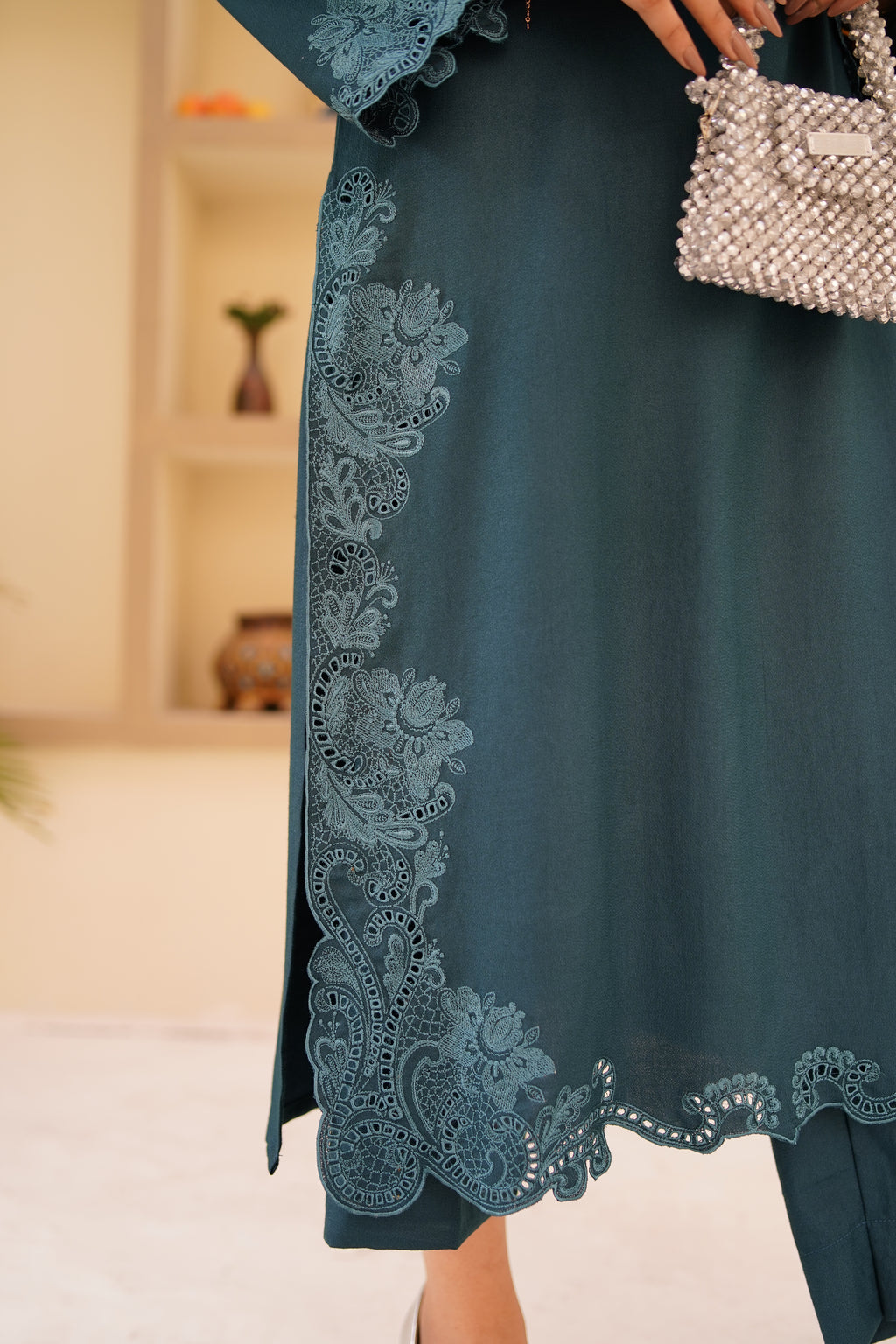 Mystic Teal teal green Dhanak Marina suit by ARSHAÉ, styled view 3