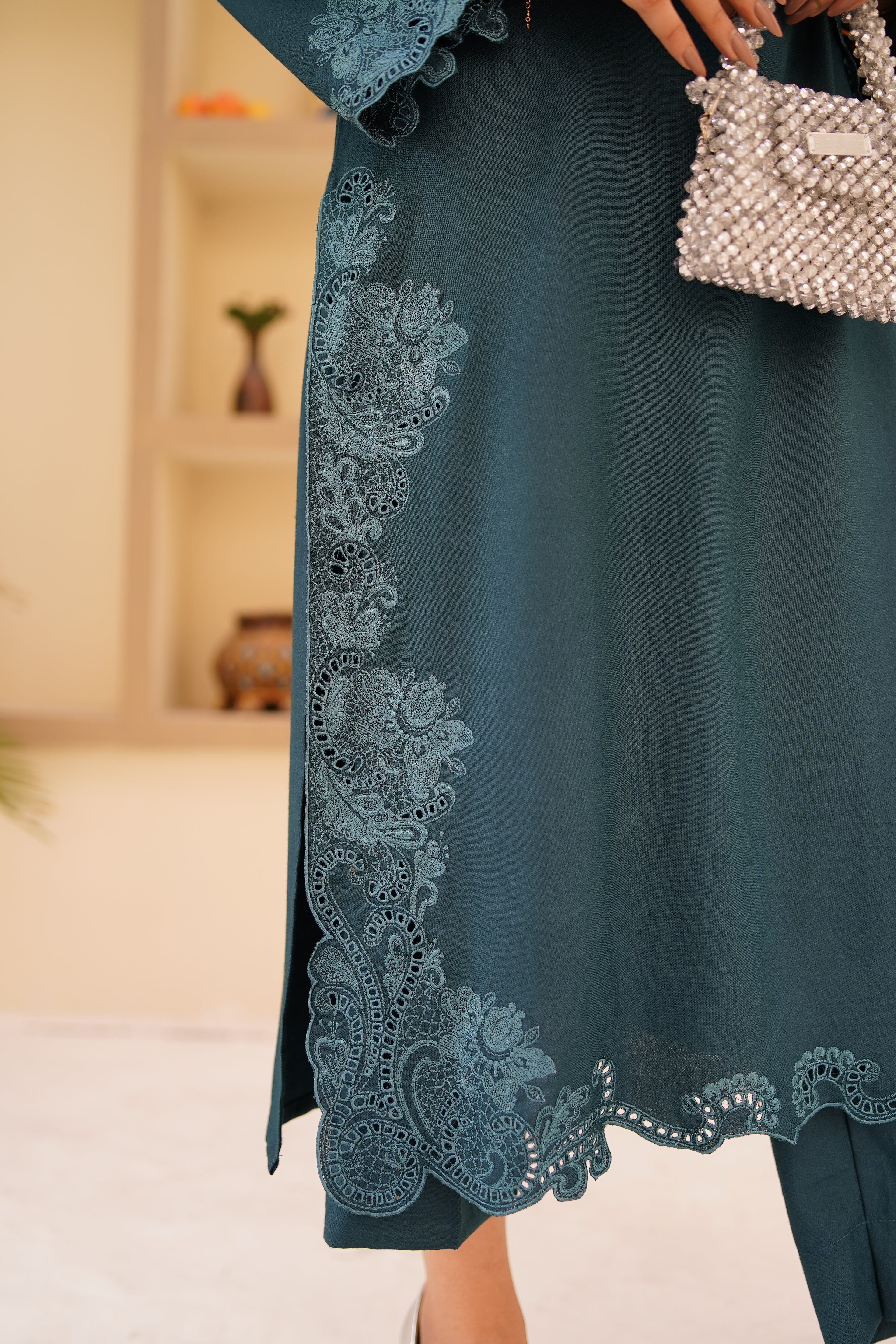 Mystic Teal teal green Dhanak Marina suit by ARSHAÉ, styled view 3