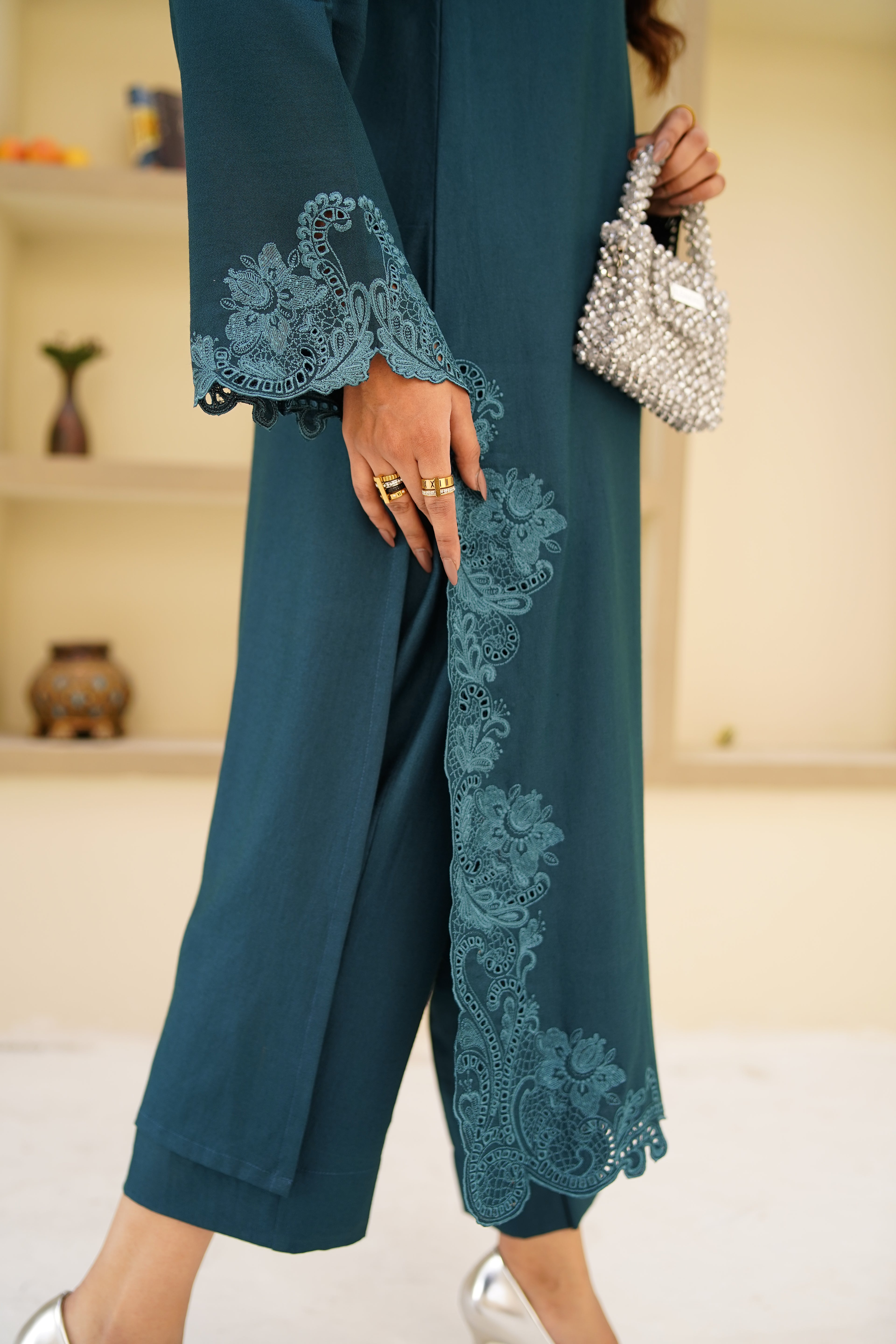 Mystic Teal teal green neckline and embroidery detail by ARSHAÉ