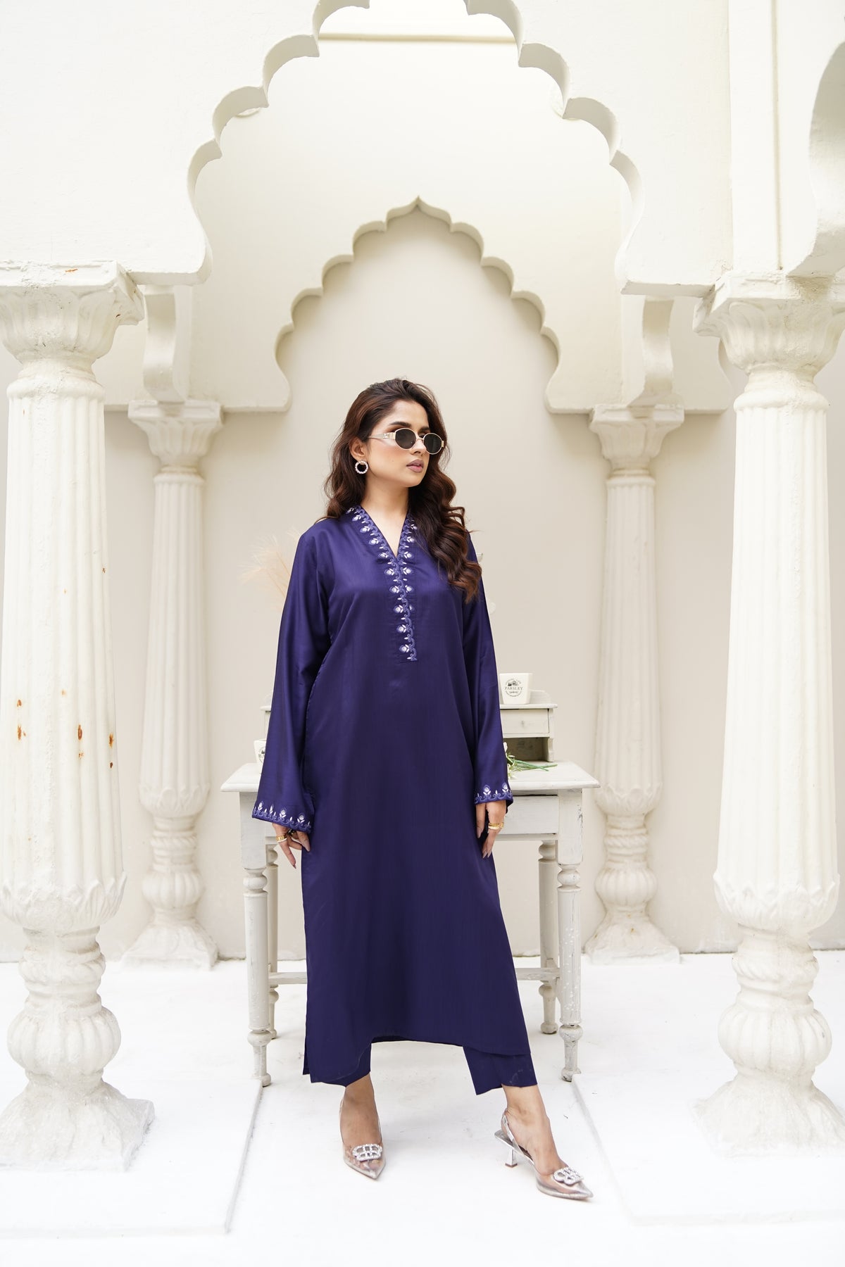 Mid Night Bloom midnight blue embroidered viscose-silk three-piece suit by ARSHAÉ, front view