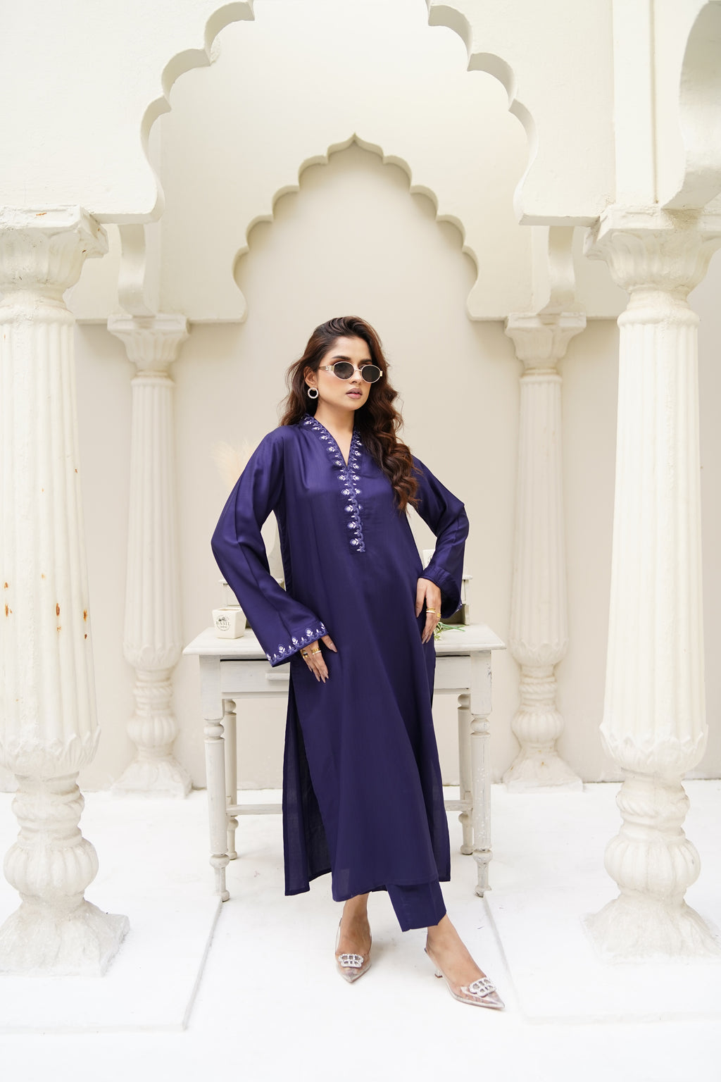 Mid Night Bloom midnight blue viscose-silk suit by ARSHAÉ, styled view 2
