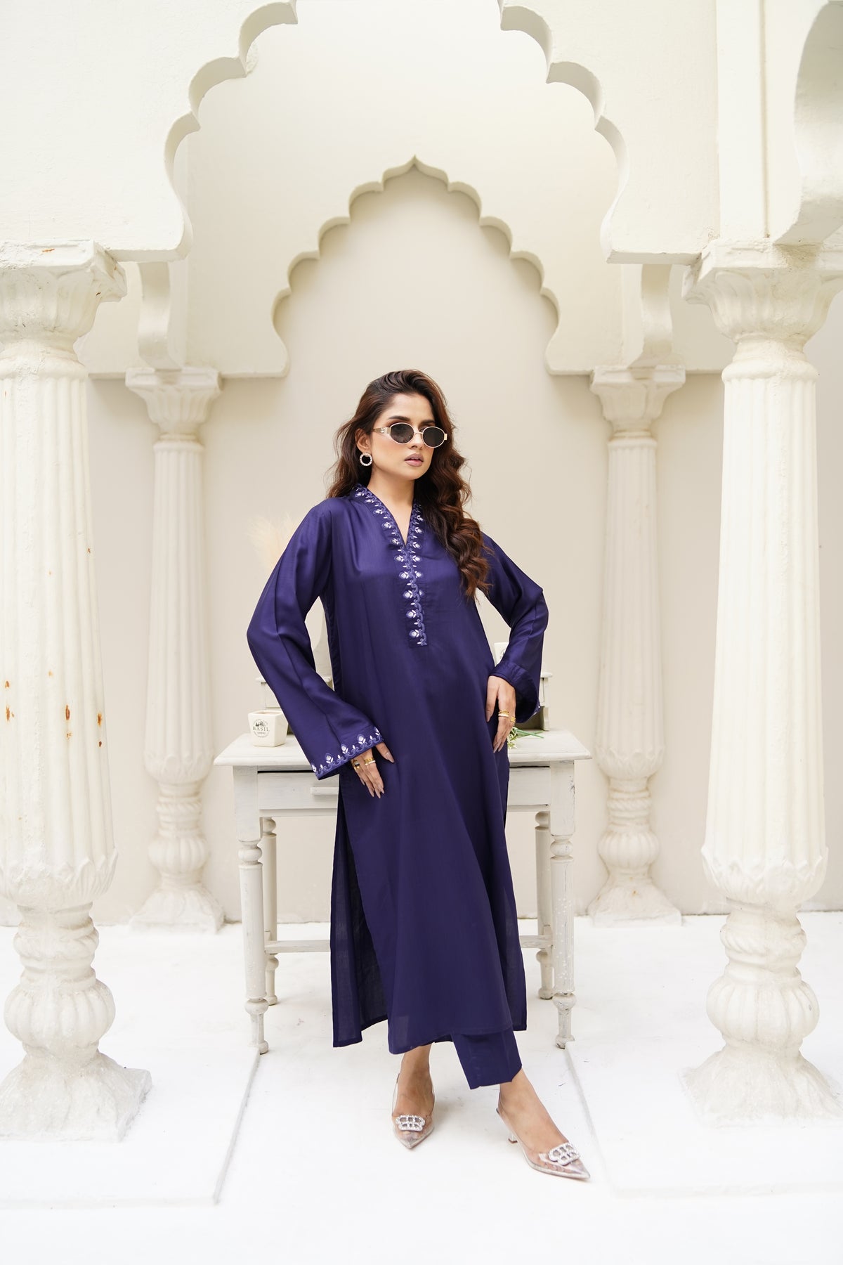 Mid Night Bloom midnight blue viscose-silk suit by ARSHAÉ, styled view 2