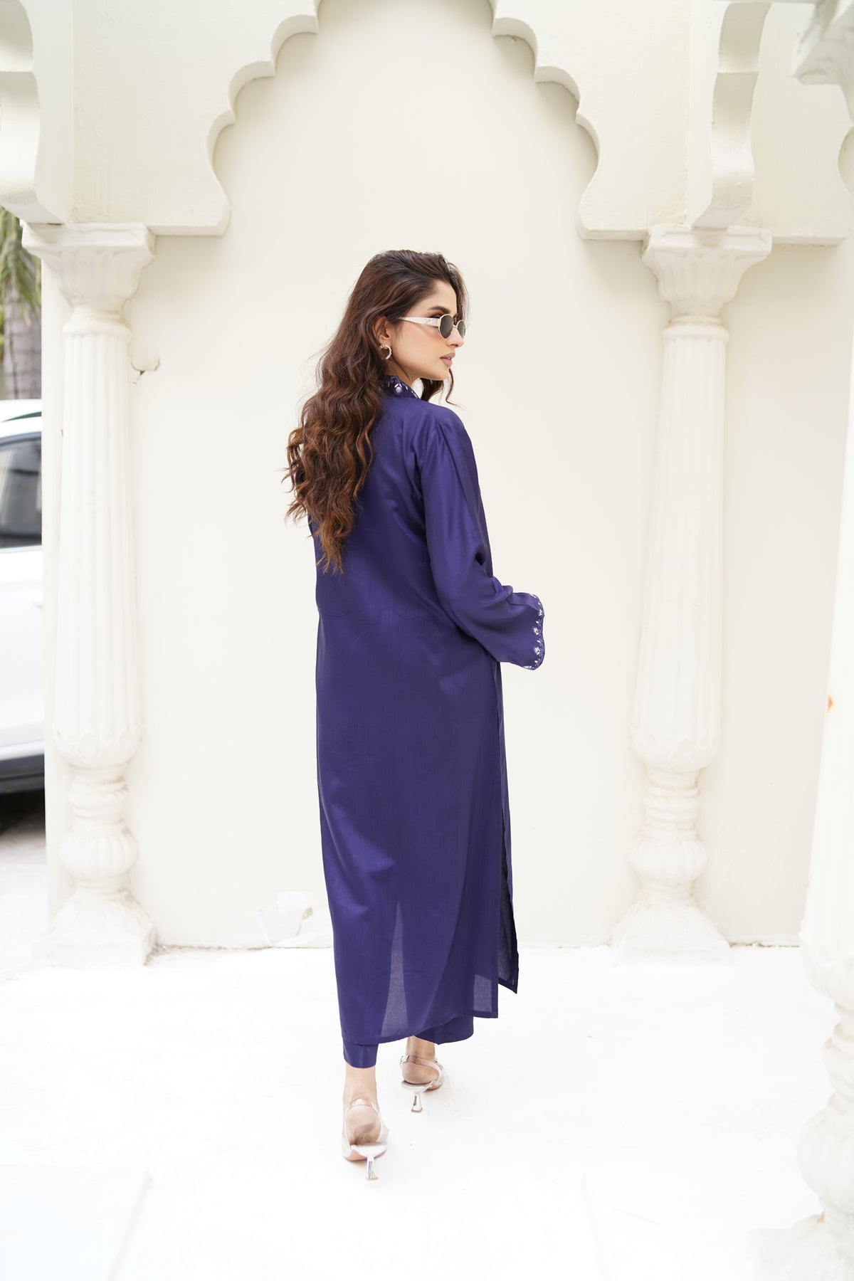 Mid Night Bloom neckline and sleeve embroidery detail, midnight blue viscose silk by ARSHAÉ