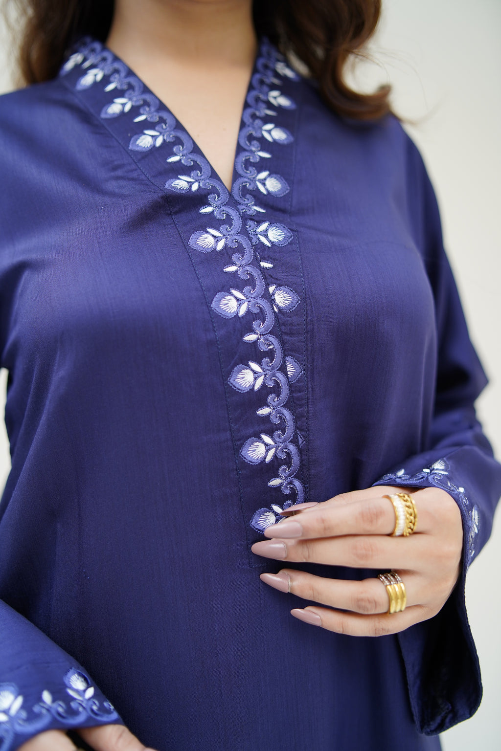 Mid Night Bloom midnight blue viscose-silk fabric and drape detail by ARSHAÉ