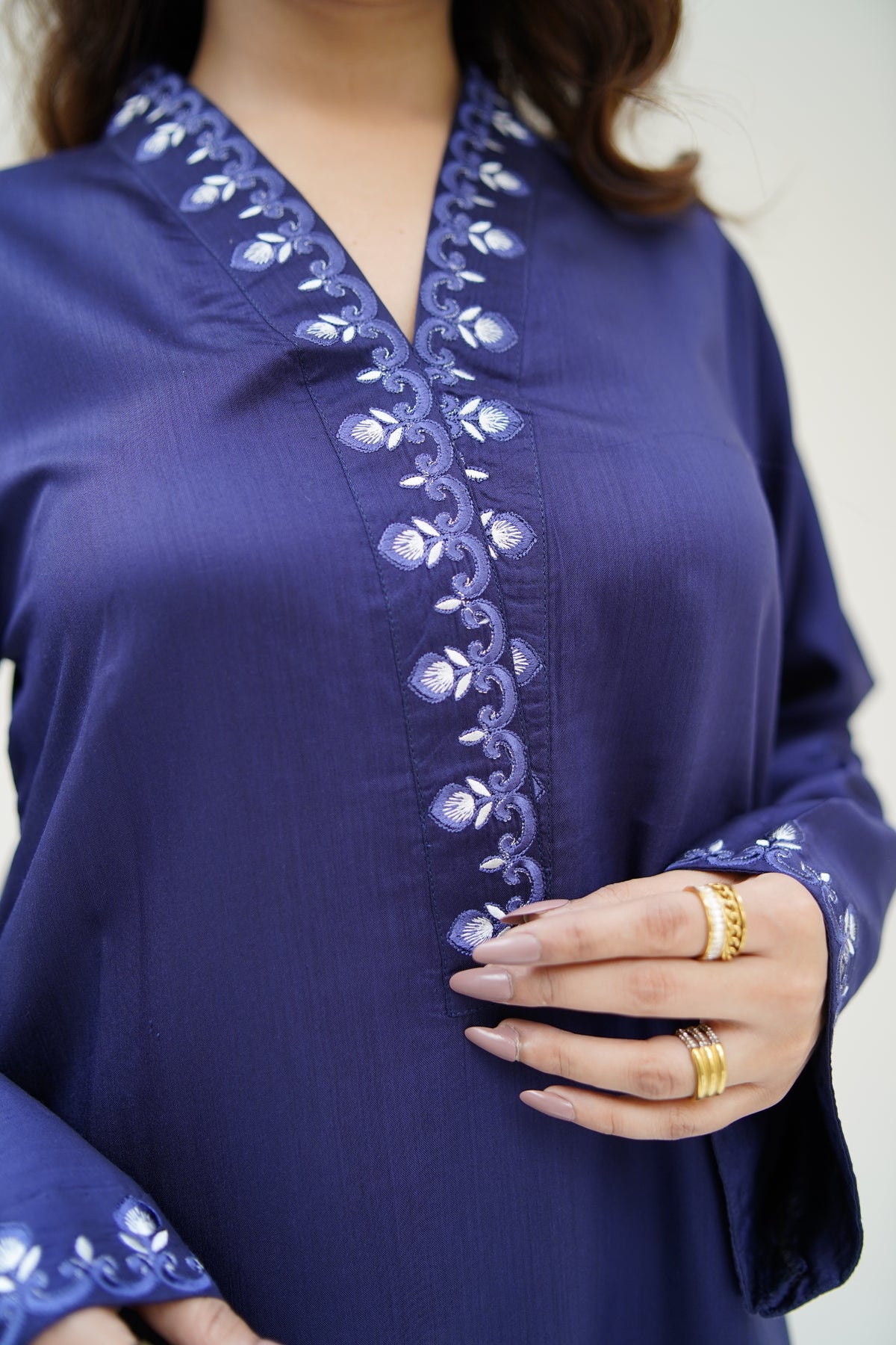 Mid Night Bloom midnight blue viscose-silk fabric and drape detail by ARSHAÉ