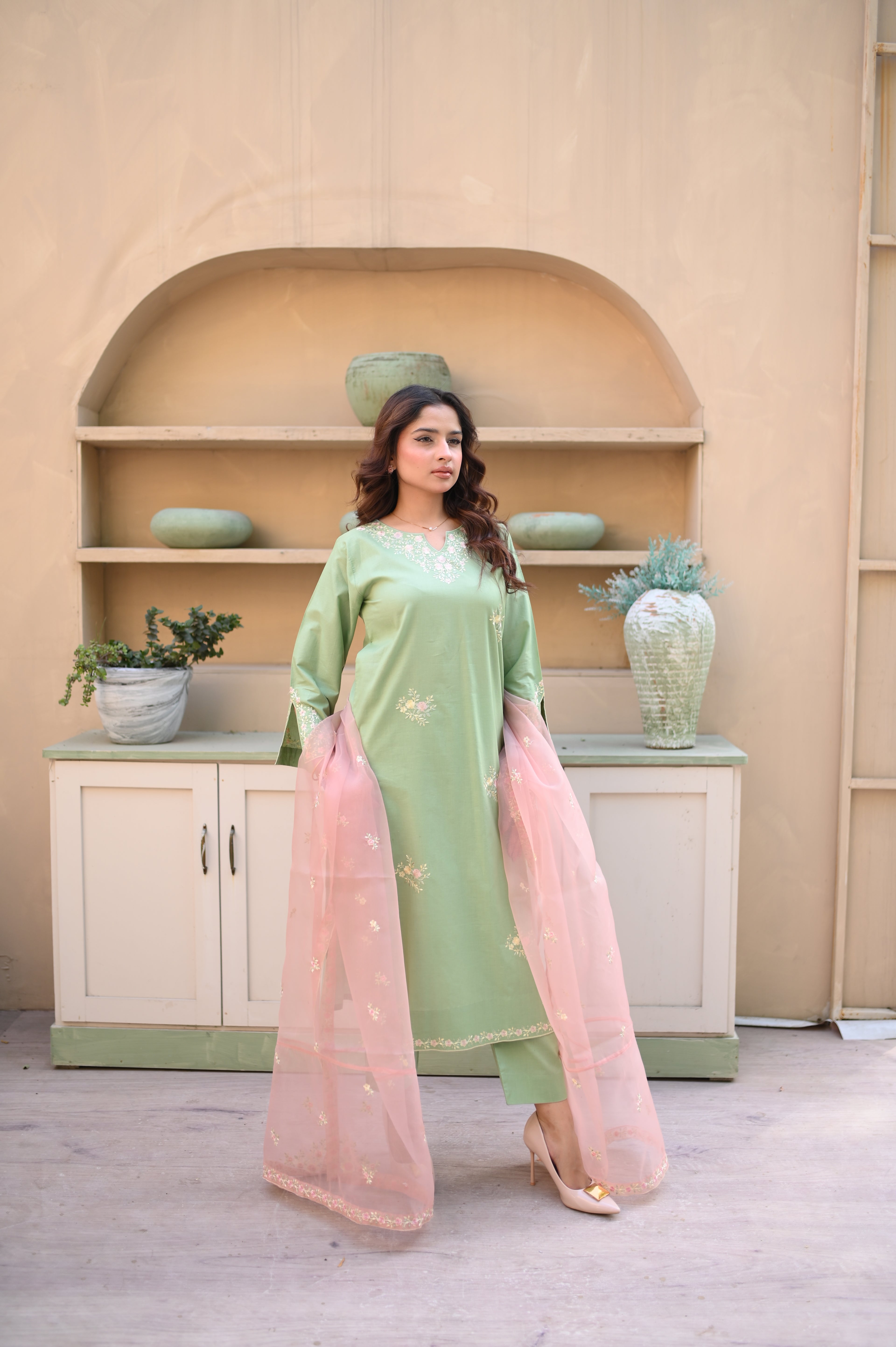 Sage sage green embroidered cambric cotton three-piece suit by ARSHAÉ, front view
