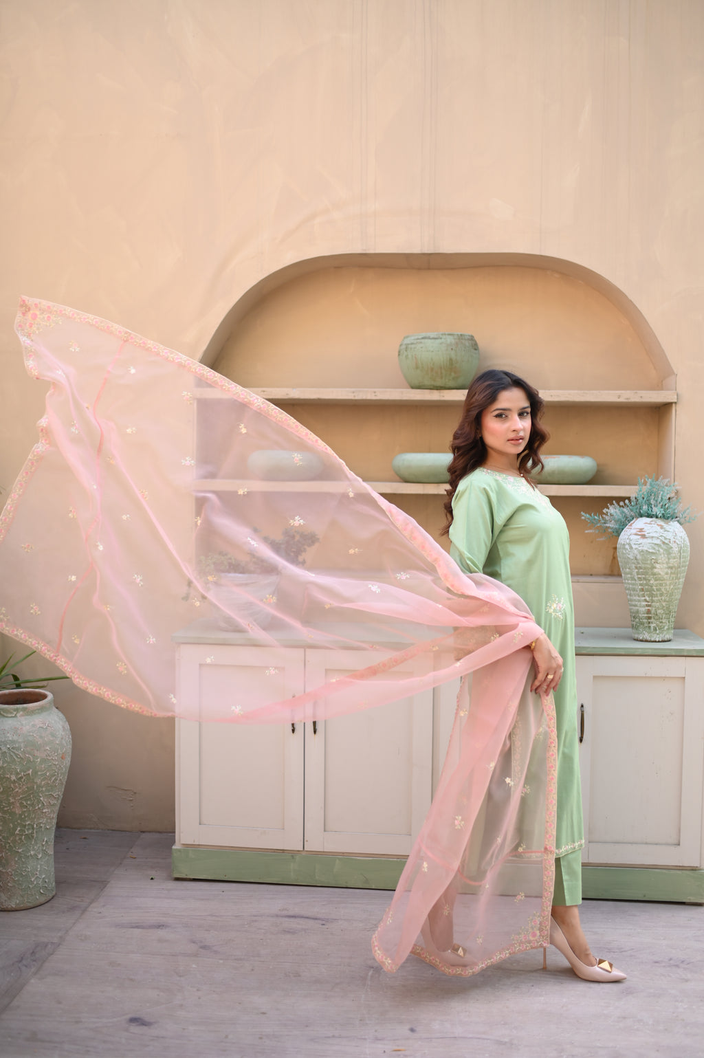 Sage sage green cambric suit with dupatta by ARSHAÉ, styled view 2