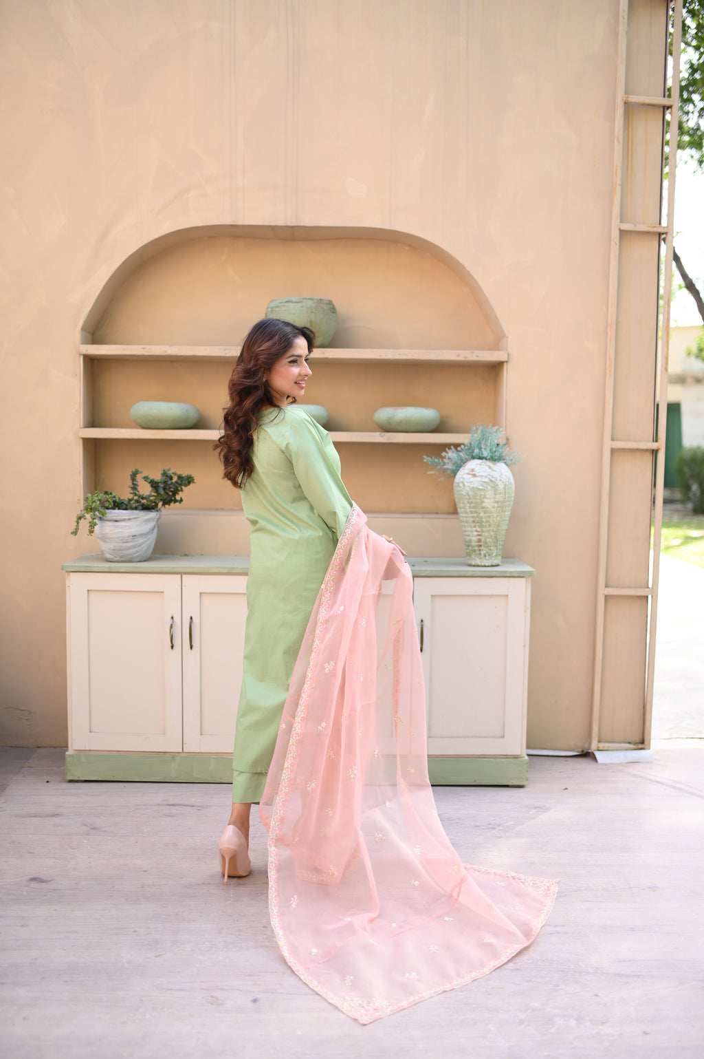 Sage sage green cambric three-piece suit by ARSHAÉ, styled view 3