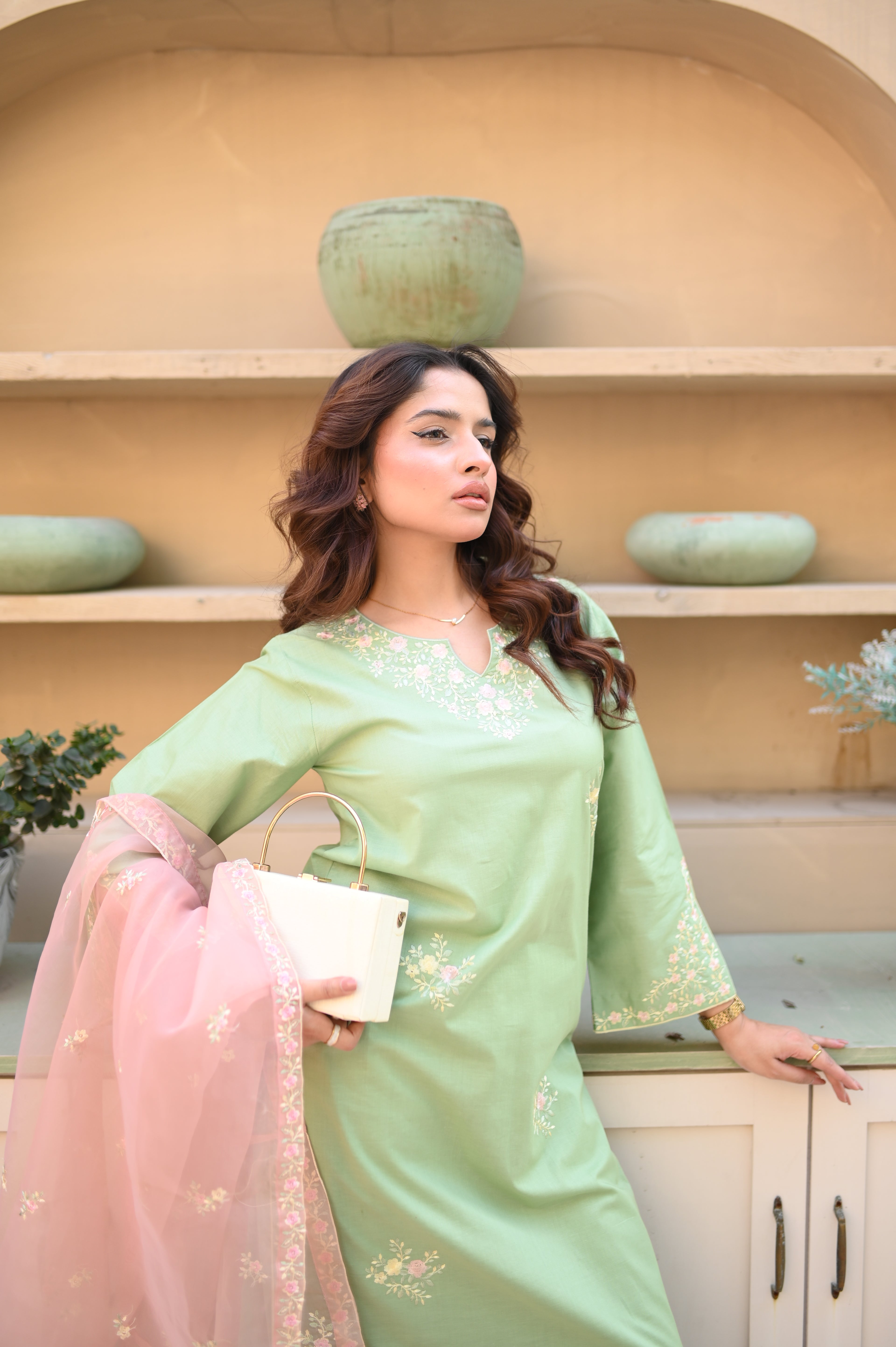 Sage neckline embroidery detail in sage green cambric cotton by ARSHAÉ