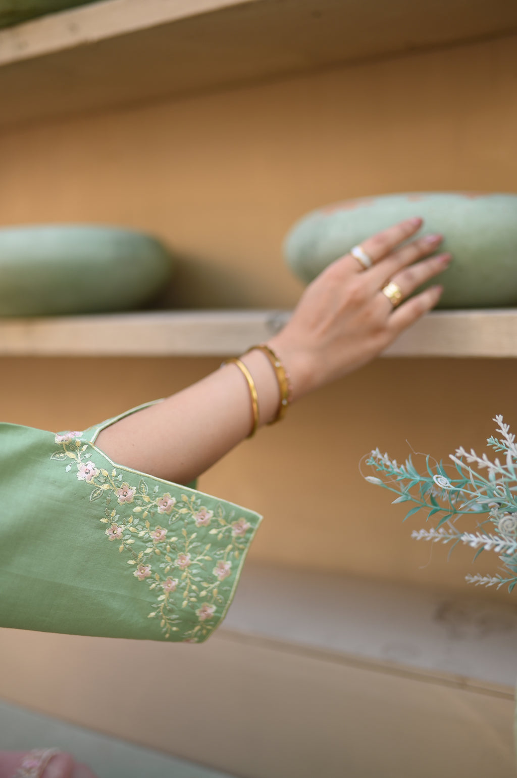 Sage cut sleeve and embroidery detail in sage green cambric by ARSHAÉ