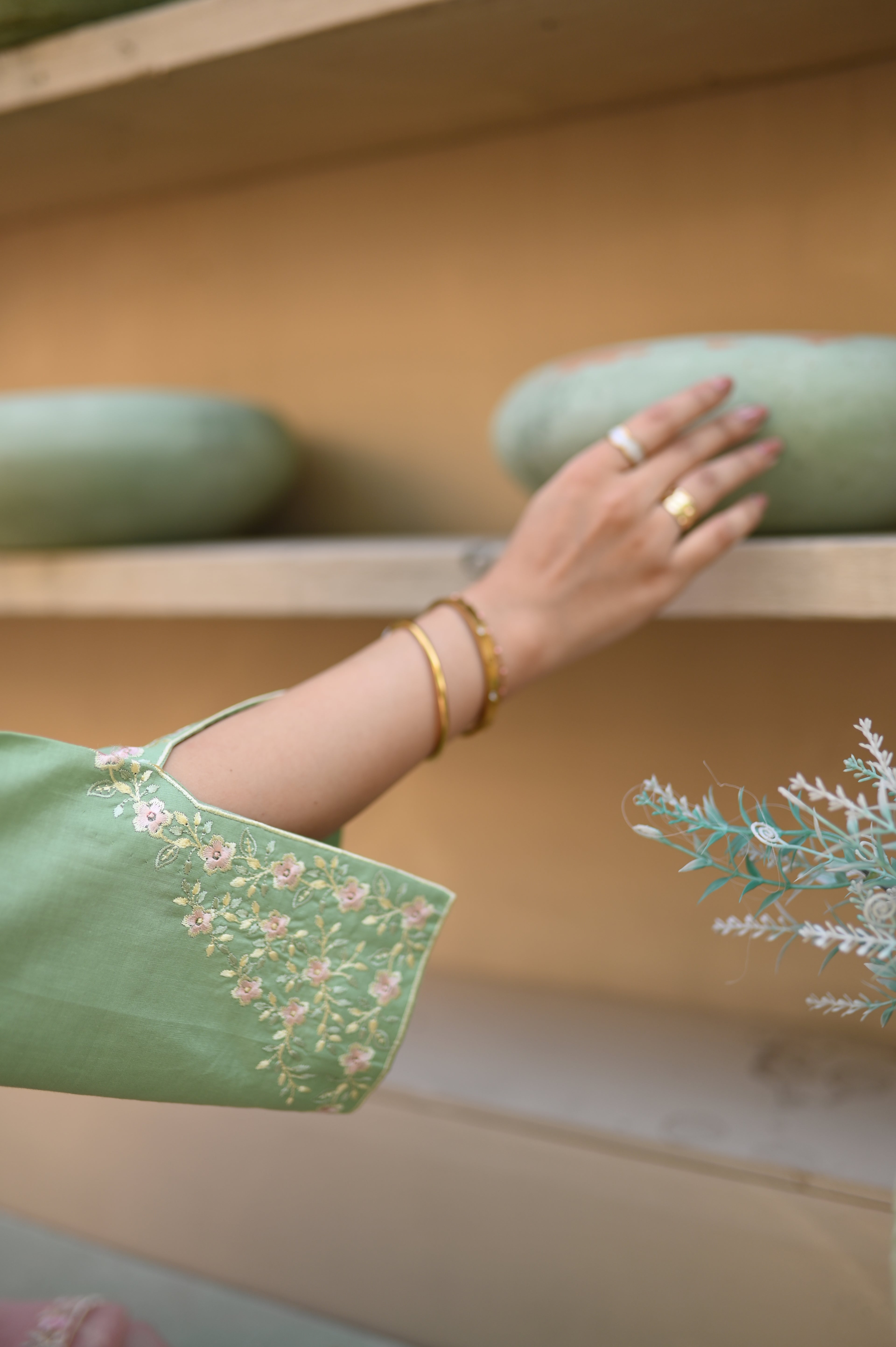 Sage cut sleeve and embroidery detail in sage green cambric by ARSHAÉ