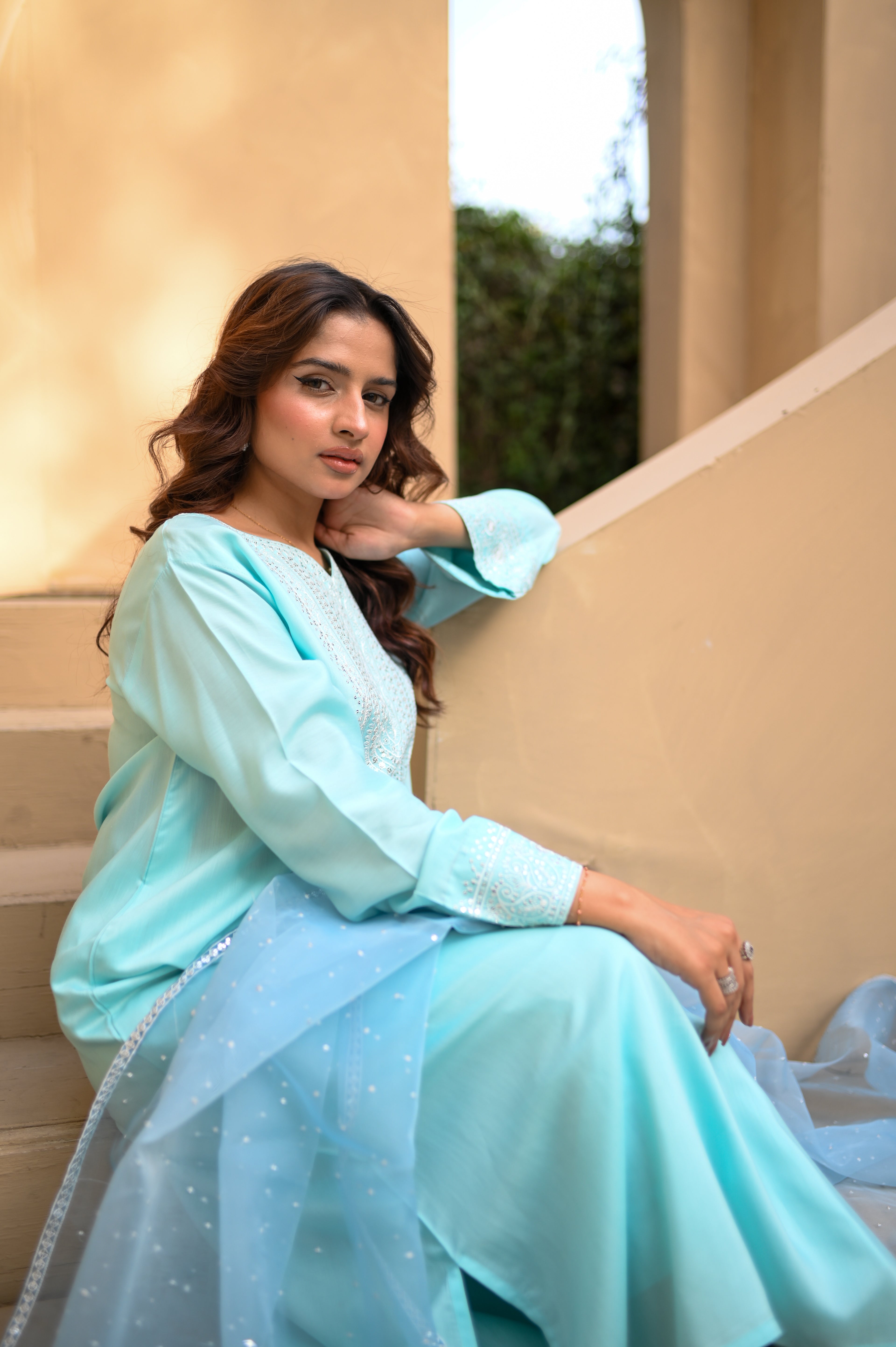 Lumira Ice ice blue silk kaftan with organza dupatta by ARSHAÉ, styled view 2