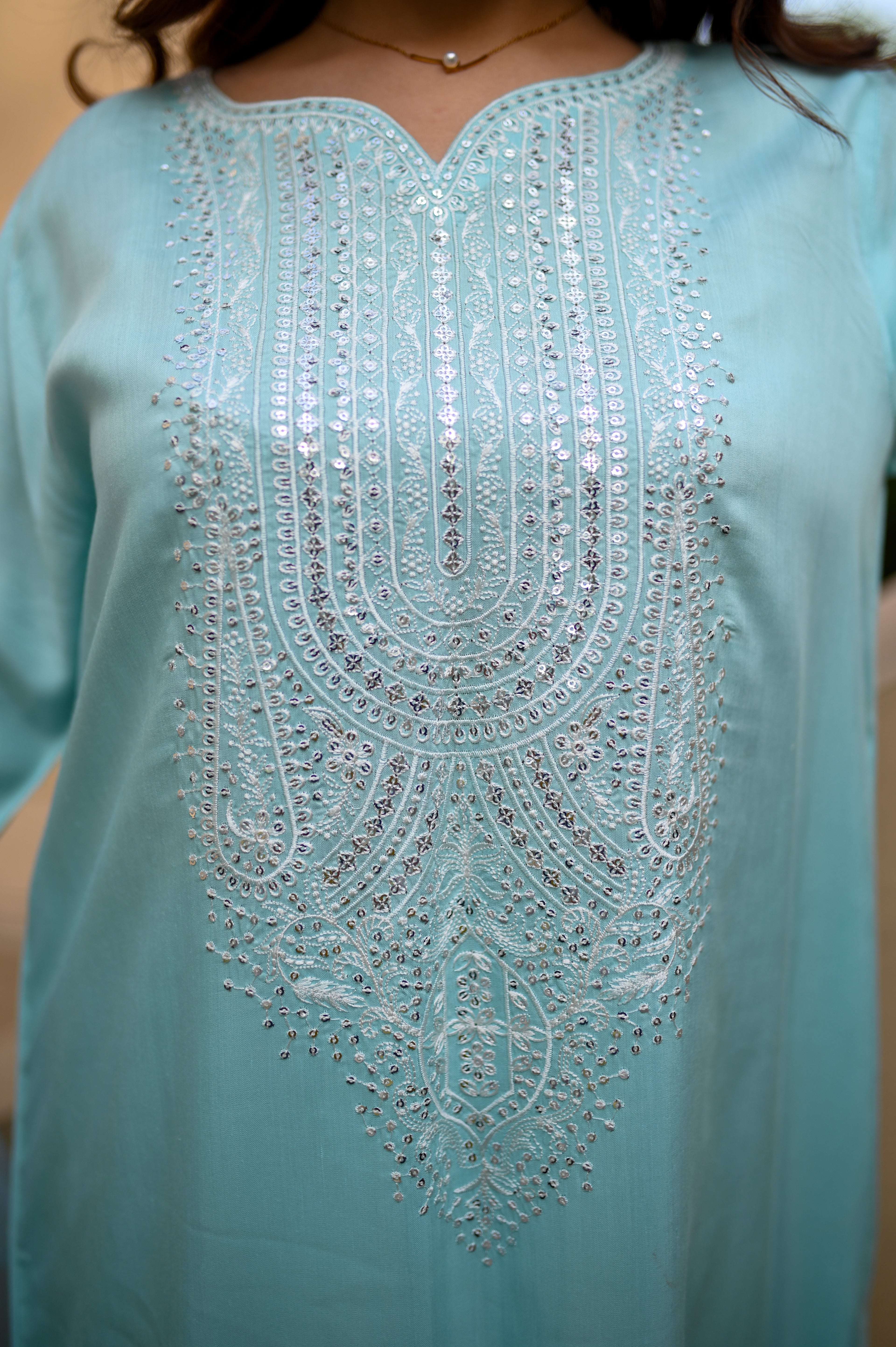Lumira Ice ice blue silk kaftan by ARSHAÉ, styled view 3