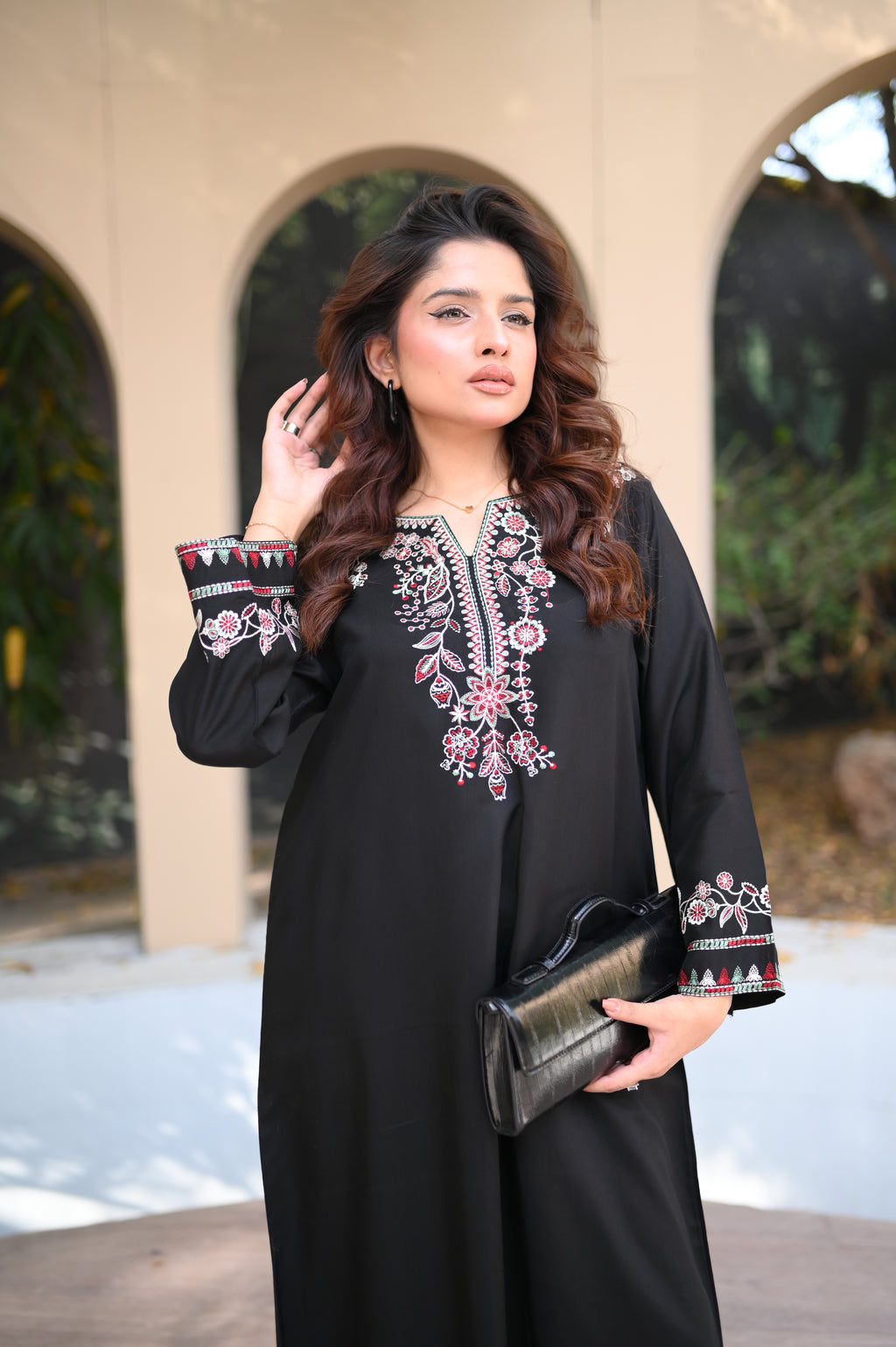 Noiré black silk kaftan with organza dupatta by ARSHAÉ, styled view 2