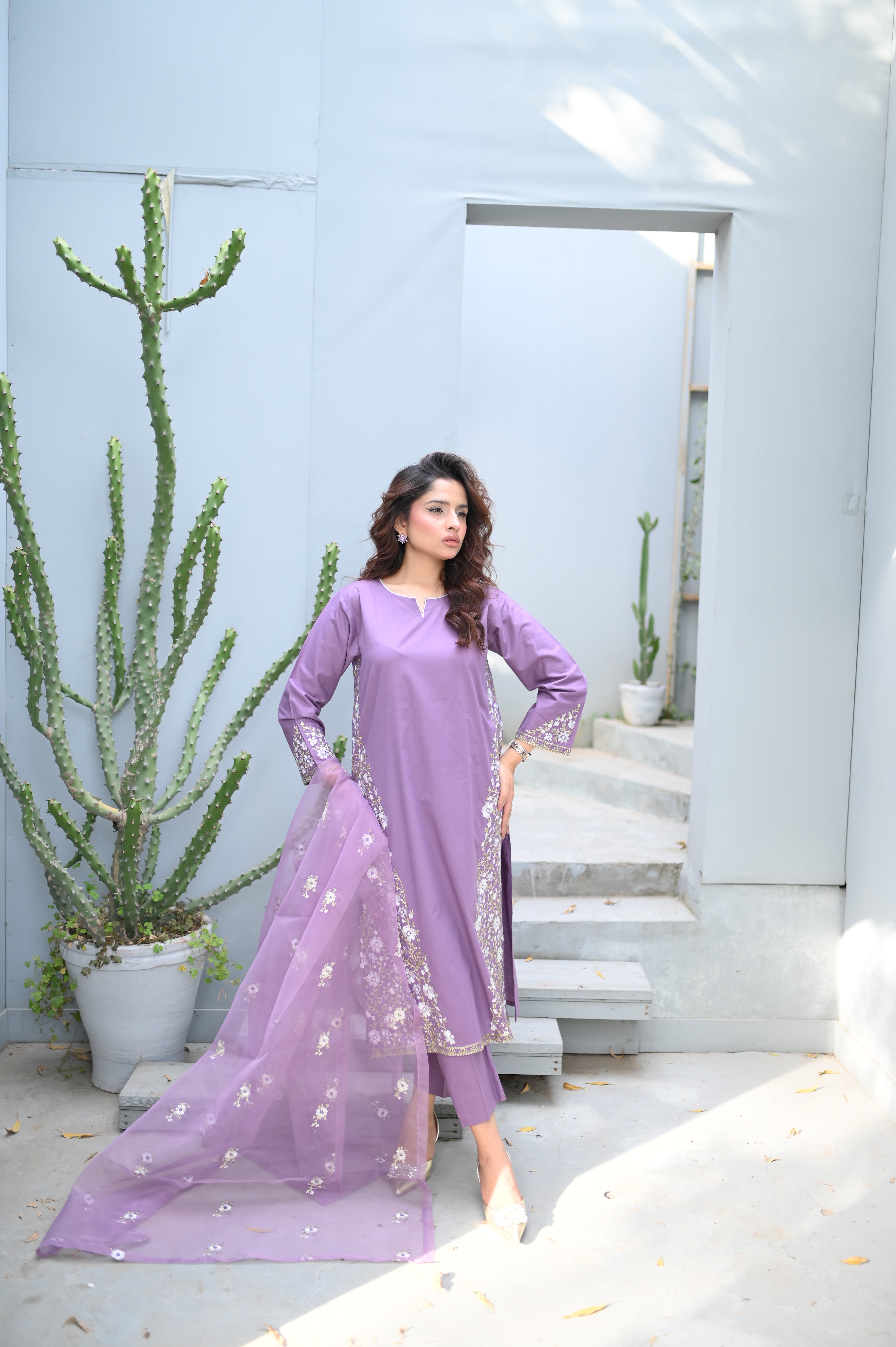 Lylia Bloom lavender heavily embroidered cambric three-piece suit by ARSHAÉ, front view