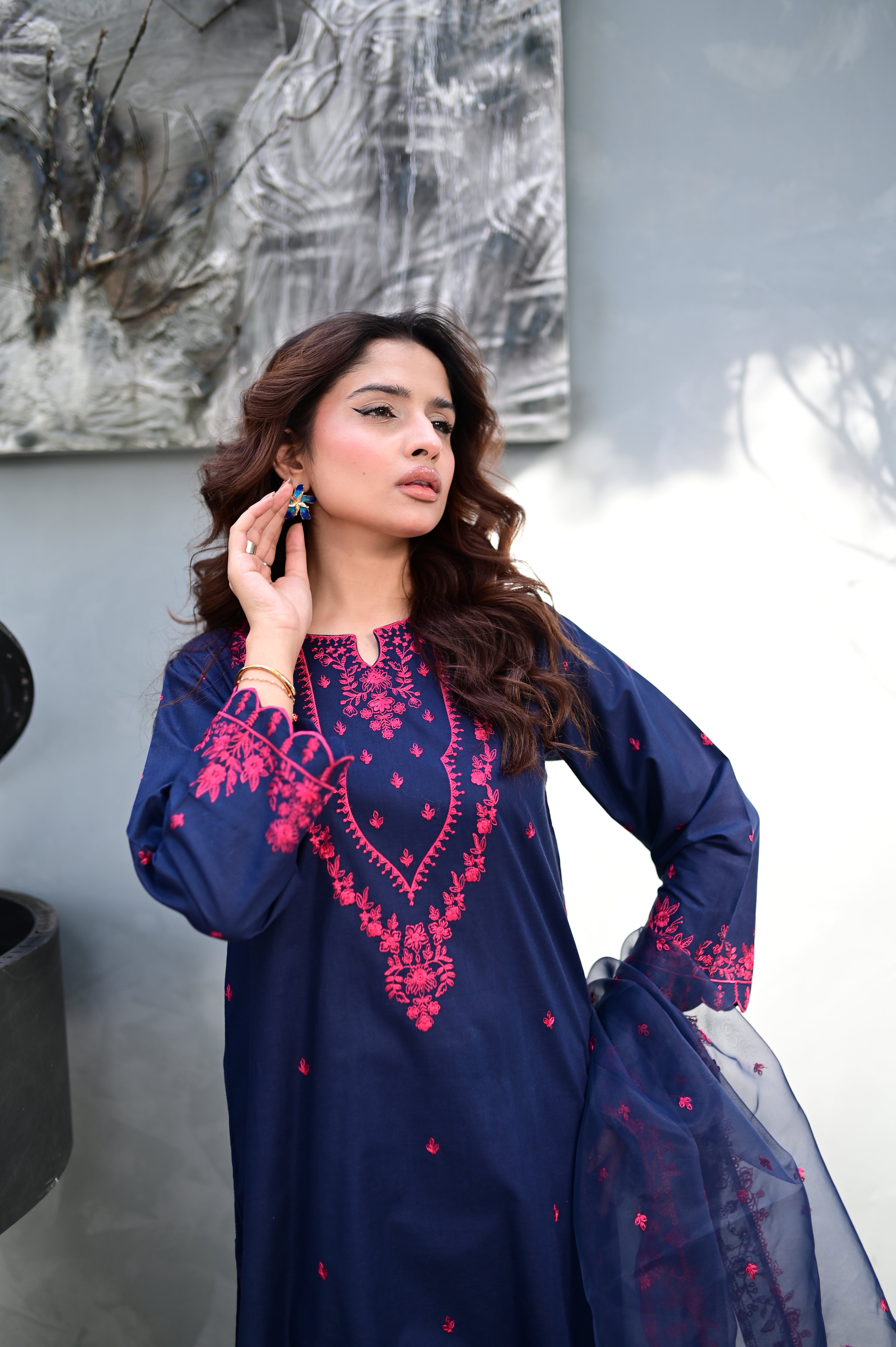 Smoky Blue cambric cotton suit with matching dupatta by ARSHAÉ, styled view 2