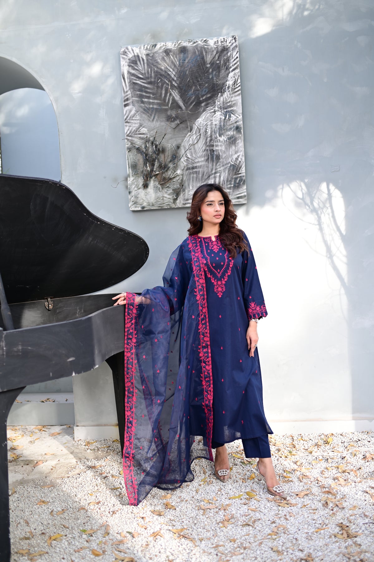 Smoky Blue embroidered cambric cotton three-piece suit by ARSHAÉ, front view