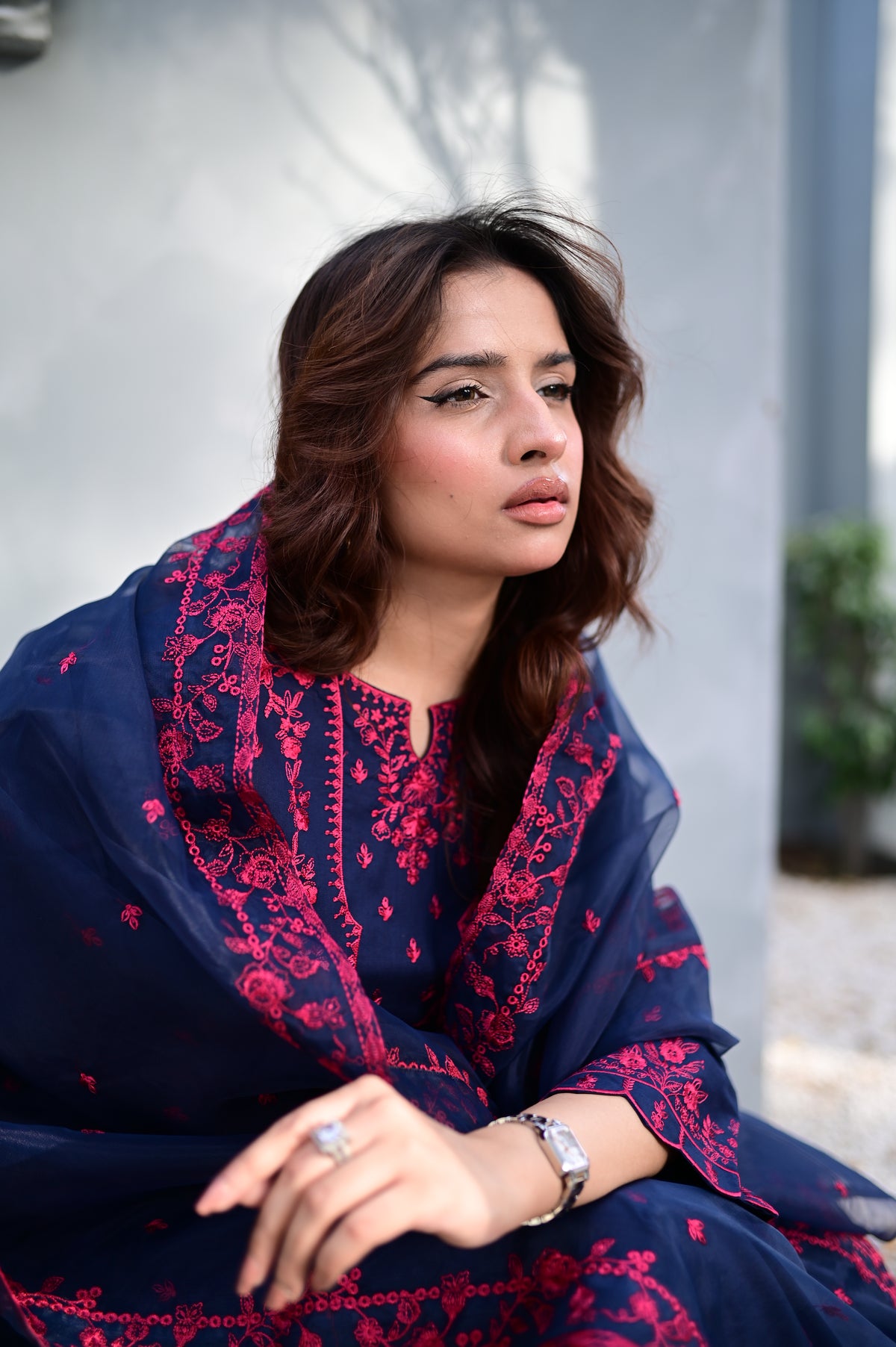 Smoky Blue neckline embroidery detail in cambric cotton by ARSHAÉ