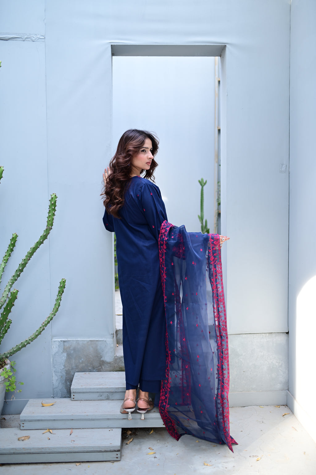 Smoky Blue sleeve embroidery detail in smoky blue cambric by ARSHAÉ