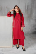 Ruby Red embroidered Luxe Lawn two-piece suit by ARSHAÉ, front view
