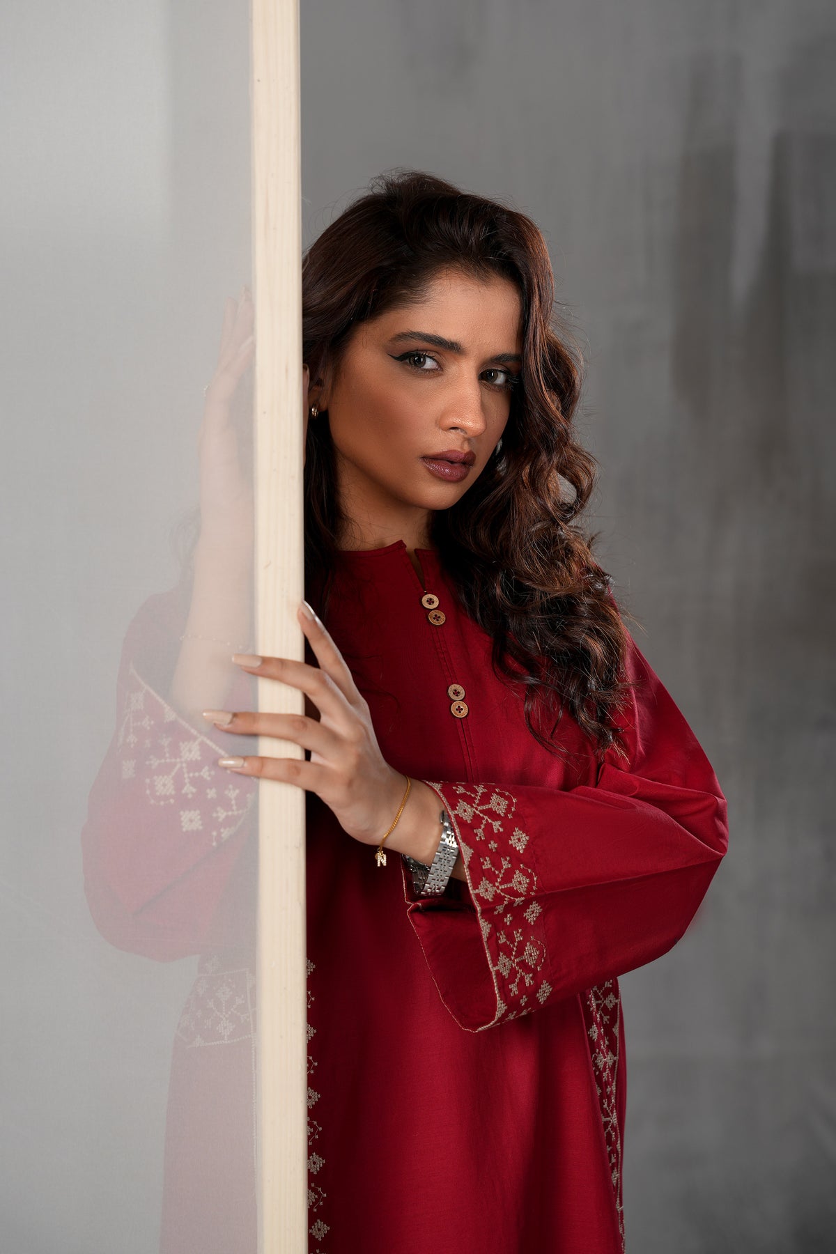 Ruby Red Luxe Lawn cotton fabric texture and drape detail by ARSHAÉ