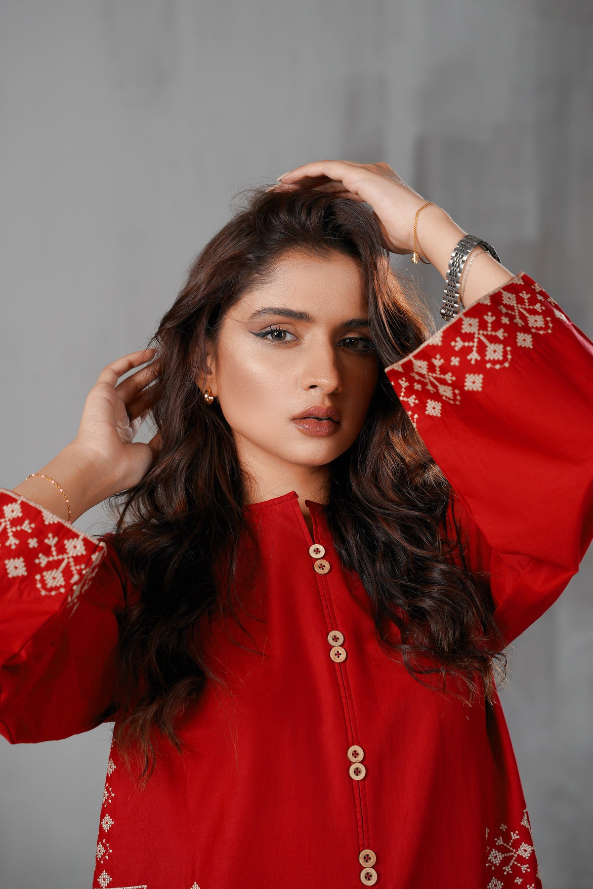 Ruby Red neckline and sleeve embroidery detail in red Luxe Lawn by ARSHAÉ