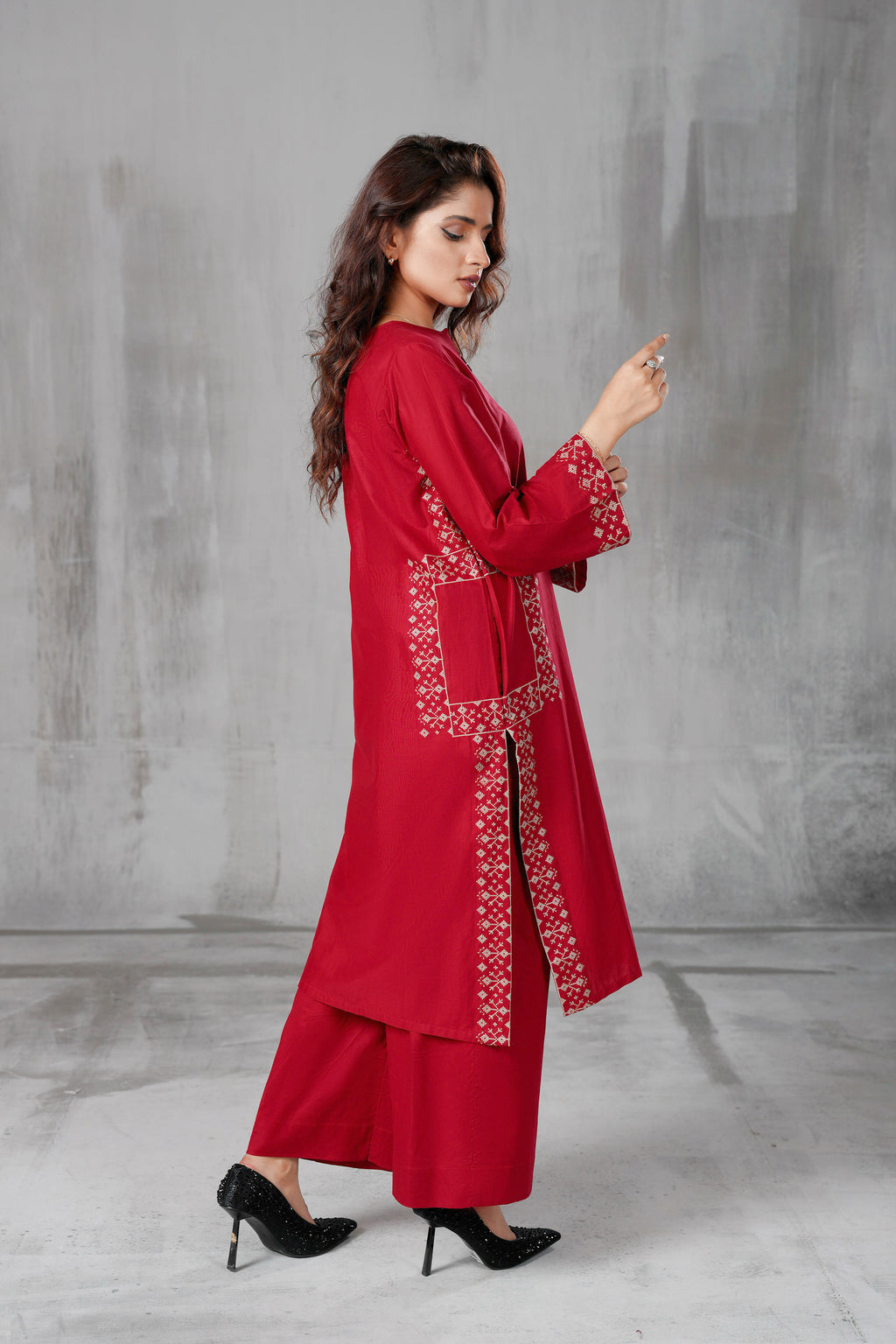 Ruby Red Luxe Lawn two-piece suit by ARSHAÉ, styled view 2