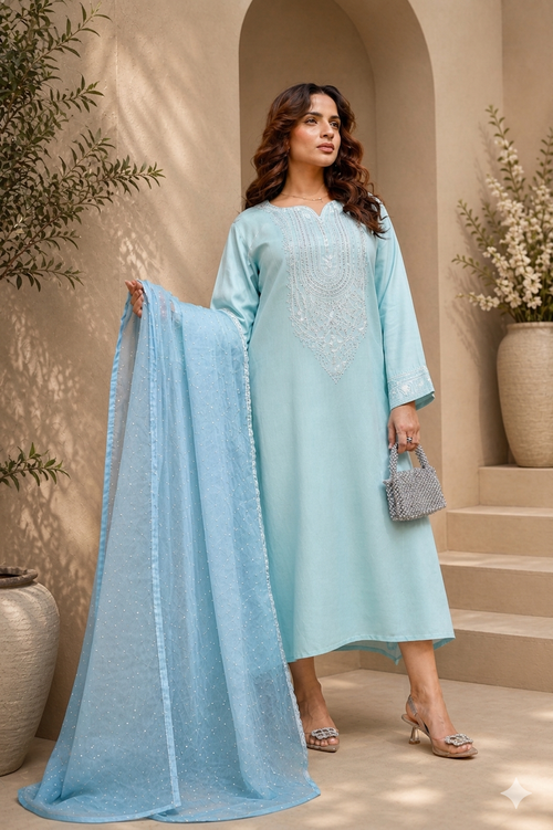 Lumira Ice ice blue sequin-embroidered silk three-piece kaftan by ARSHAÉ, front view
