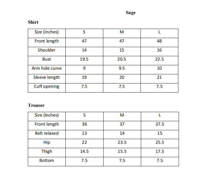 ARSHAÉ size chart for Sage — S, M and L measurements