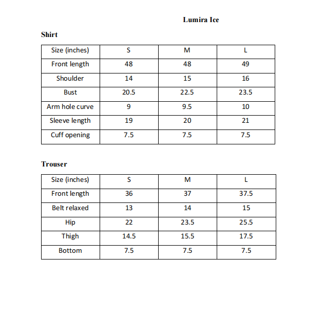 ARSHAÉ size chart for Lumira Ice — S, M and L measurements