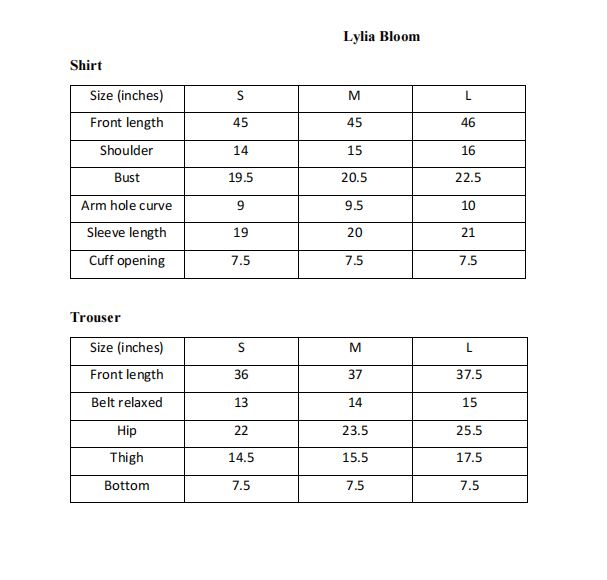 ARSHAÉ size chart for Lylia Bloom — S, M and L measurements