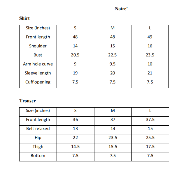 ARSHAÉ size chart for Noiré — S, M and L measurements