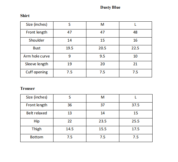 ARSHAÉ size chart for Smoky Blue — S, M and L measurements